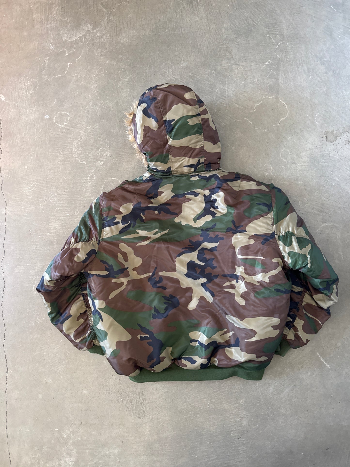 Vintage Nova Military Forest Camo Flight Bomber Fur Hooded Jacket