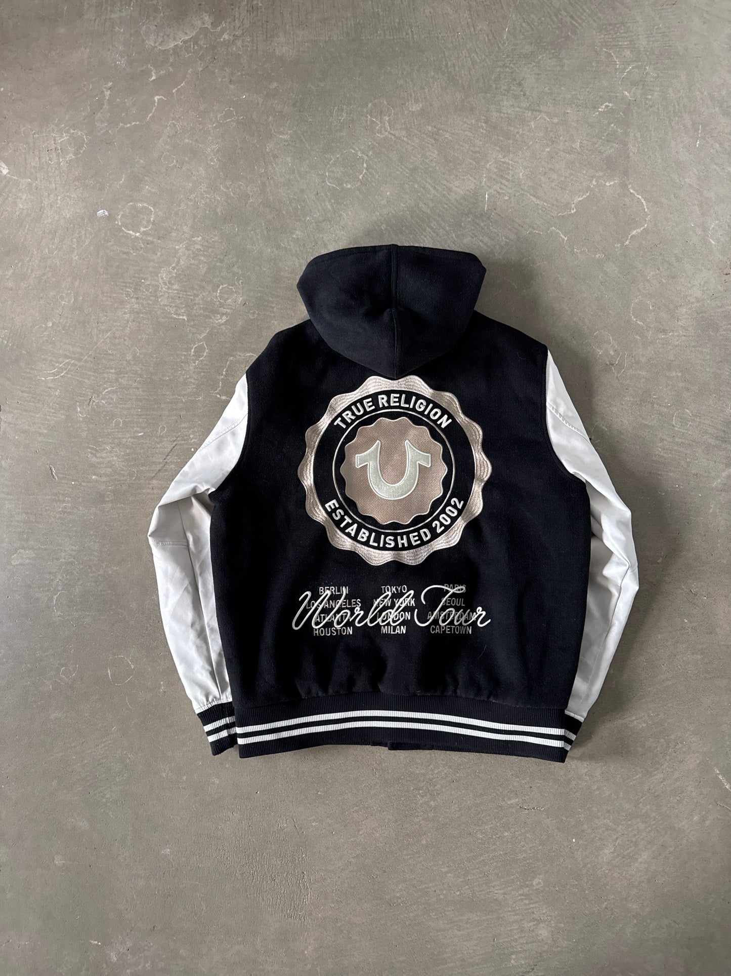 True Religion Black Patch Logo Wool Blend Bomber Jacket