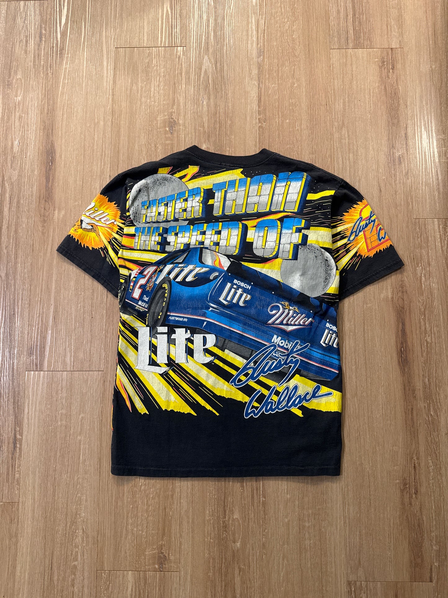 Vintage 1997 Nascar Rusty Wallace Faster Than The Speed Of Lite All Over Print Tee