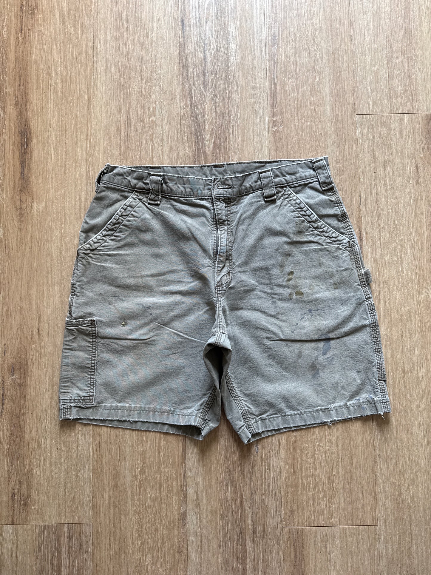 Vintage Carhartt Paint Splatter Dark Tan Dungaree Fit Carpenter Shorts