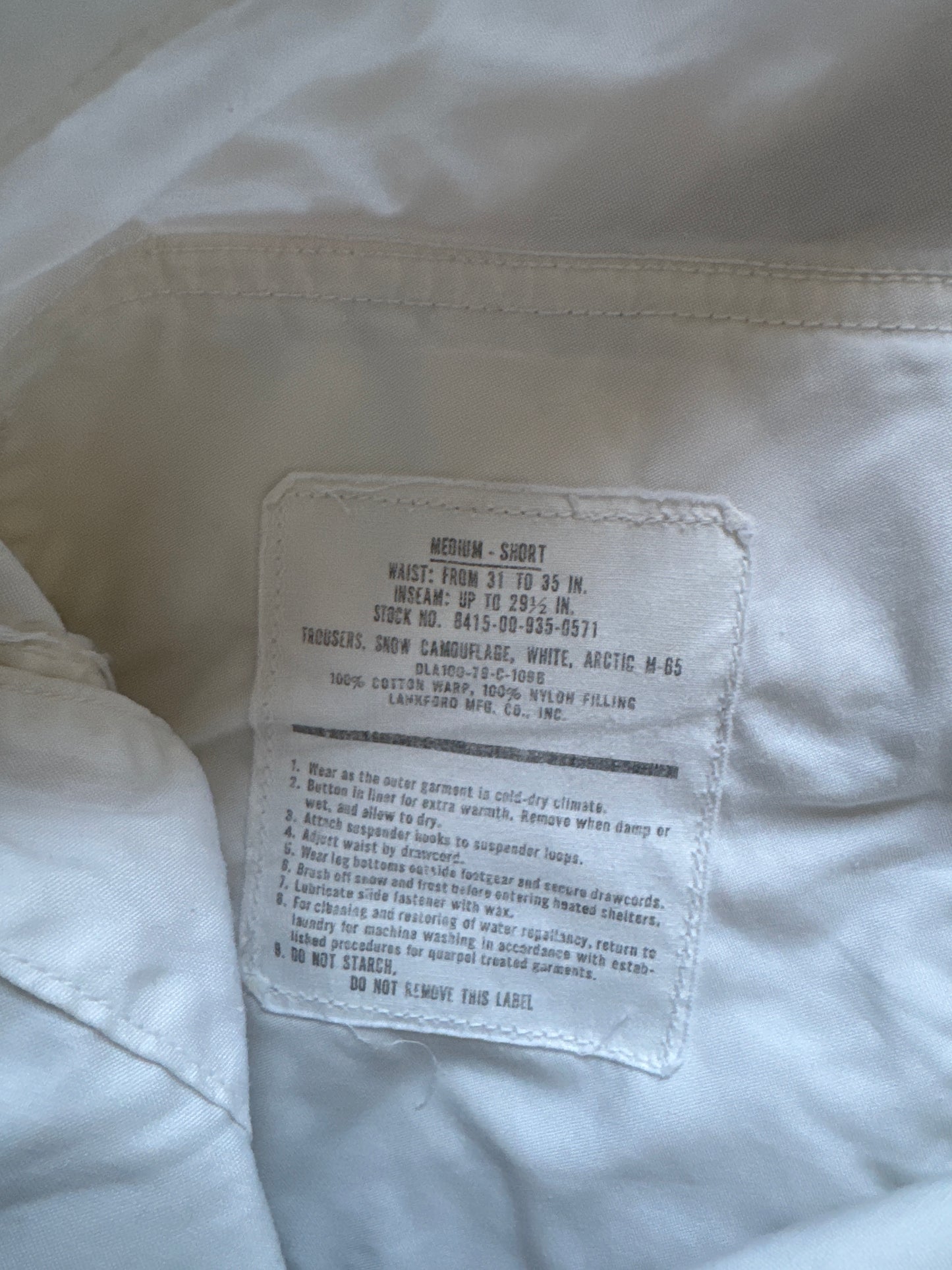 Vintage 1982 Langford Mfg U.S. Military M-65 Arctic Snow White Baggy Trouser Pants
