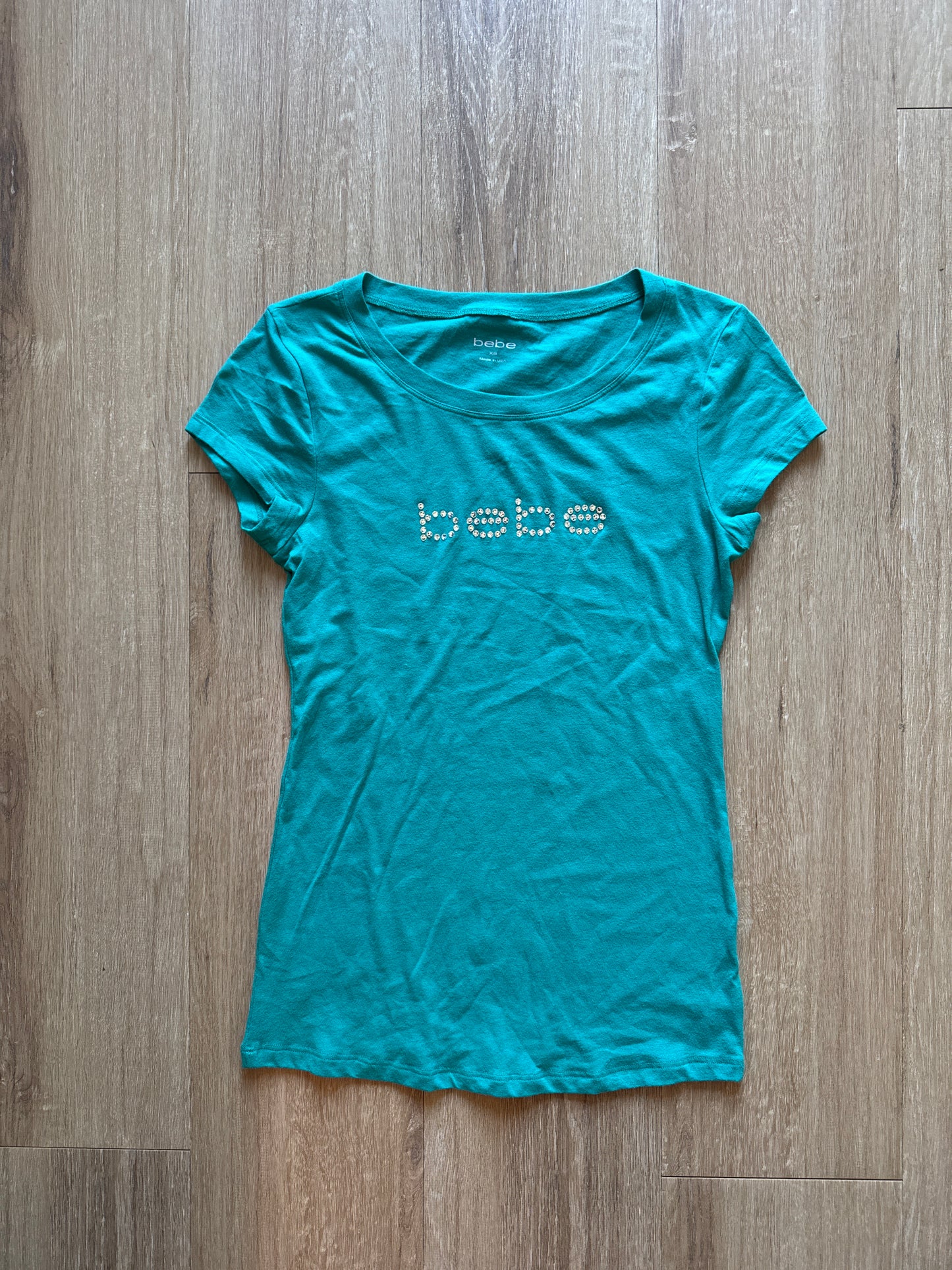 Y2K Women’s Bebe Bedazzled Teal Blue Logo Tee