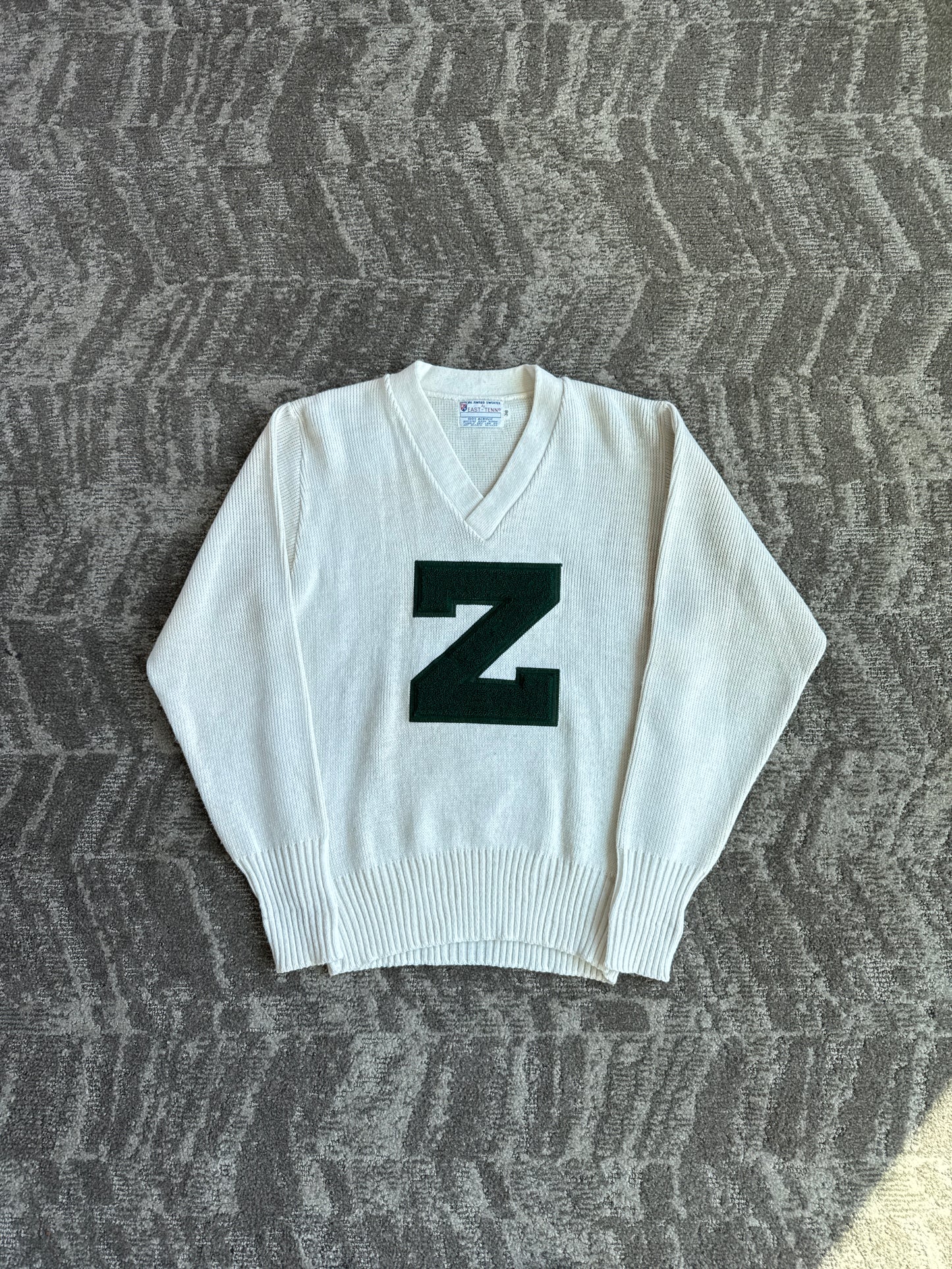 Vintage 70s East-Tenn Varsity Award Cream Forest Green Chenille Z Patch Sweater