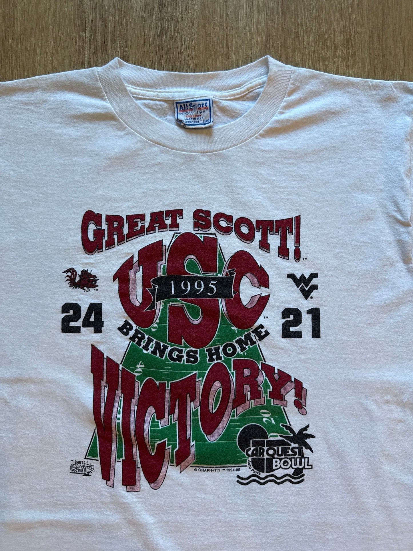 Vintage 1995 University Of South Carolina Gamecocks Great Scott Car Quest Bowl Tee