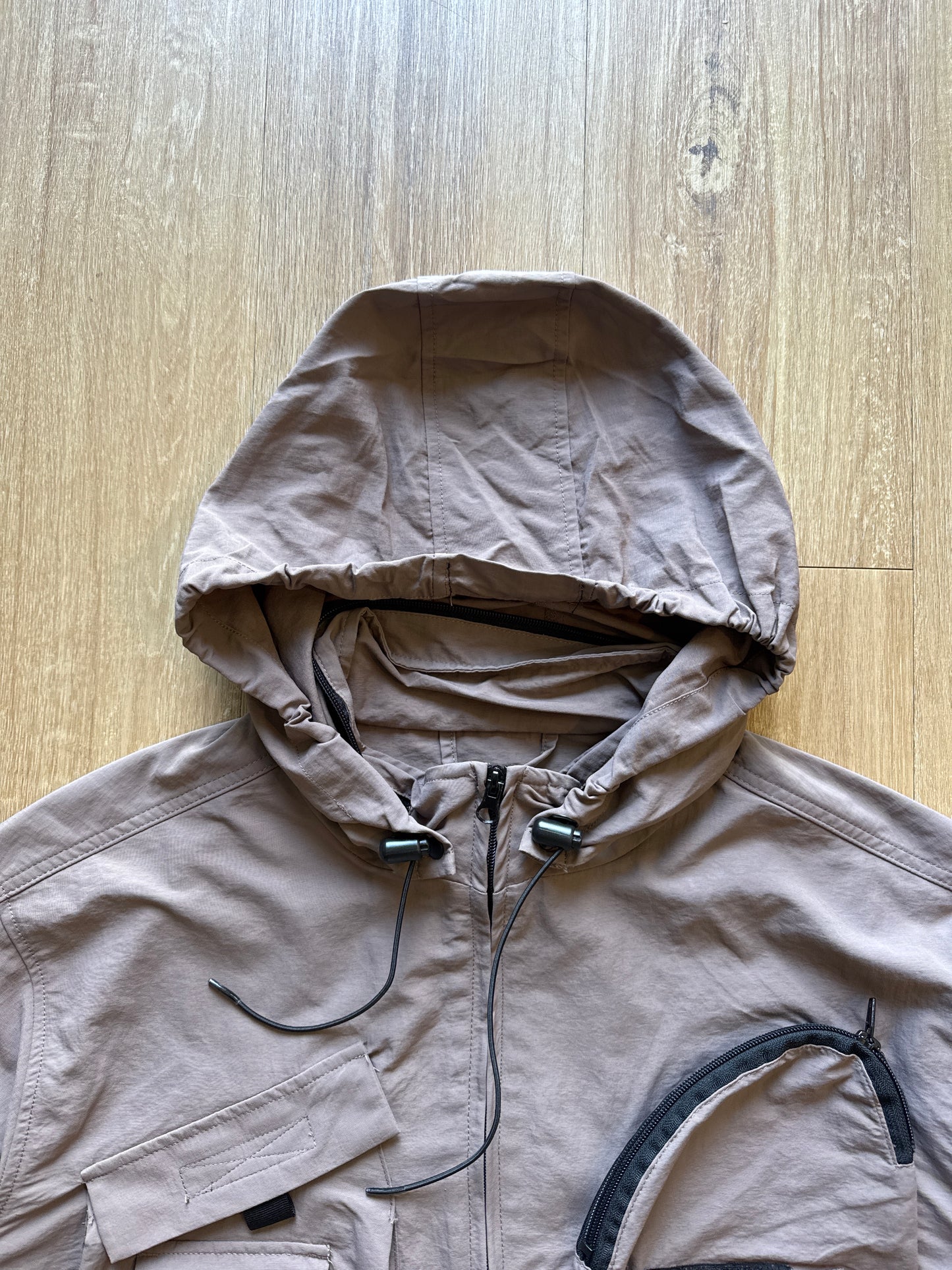 Urban Outfitters Taupe Cargo Utility Tech Pockets Full Zip Nylon Jacket