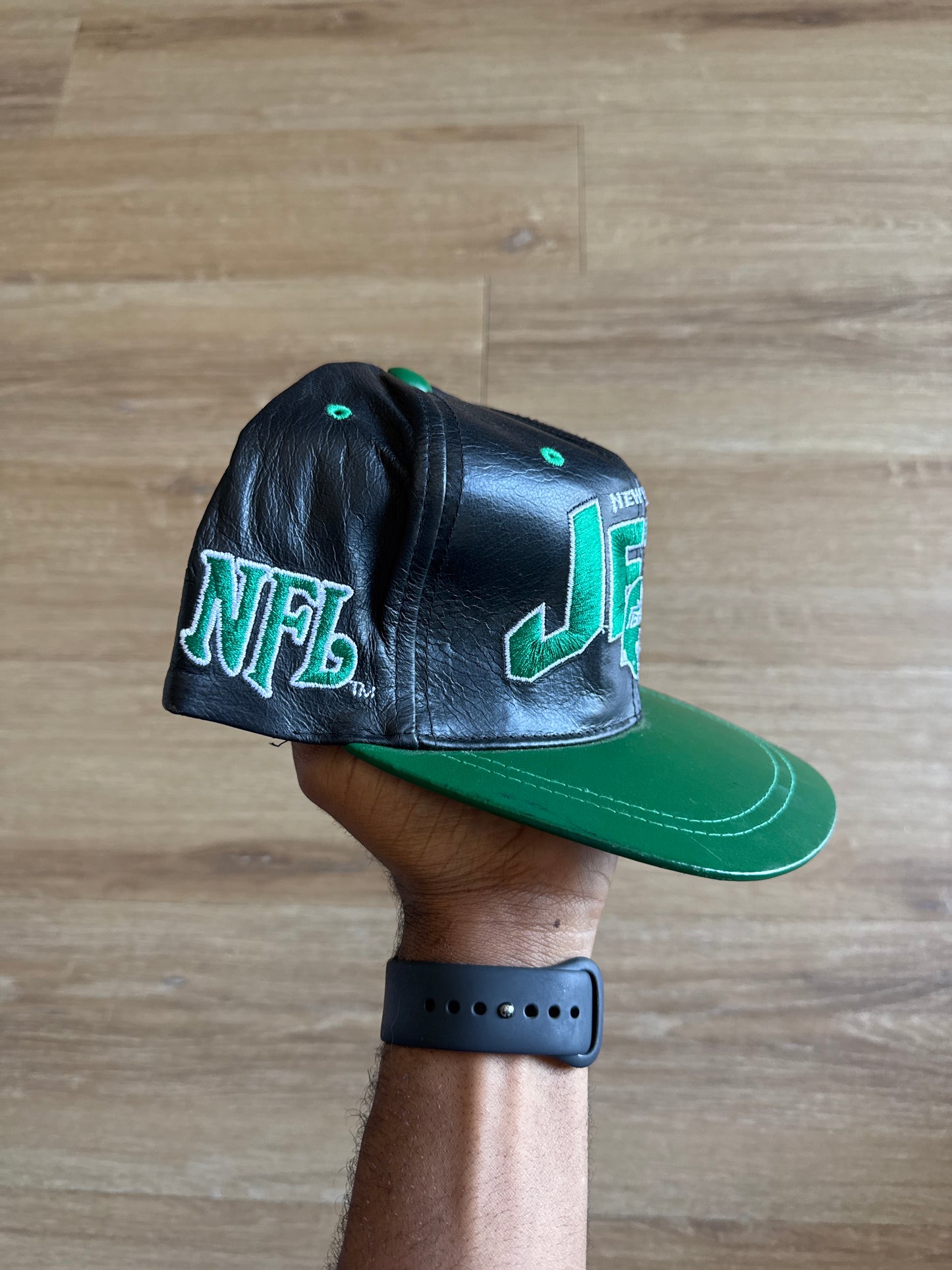Vintage 90s Drew Pearson New York Jets Leather Strapback Hat