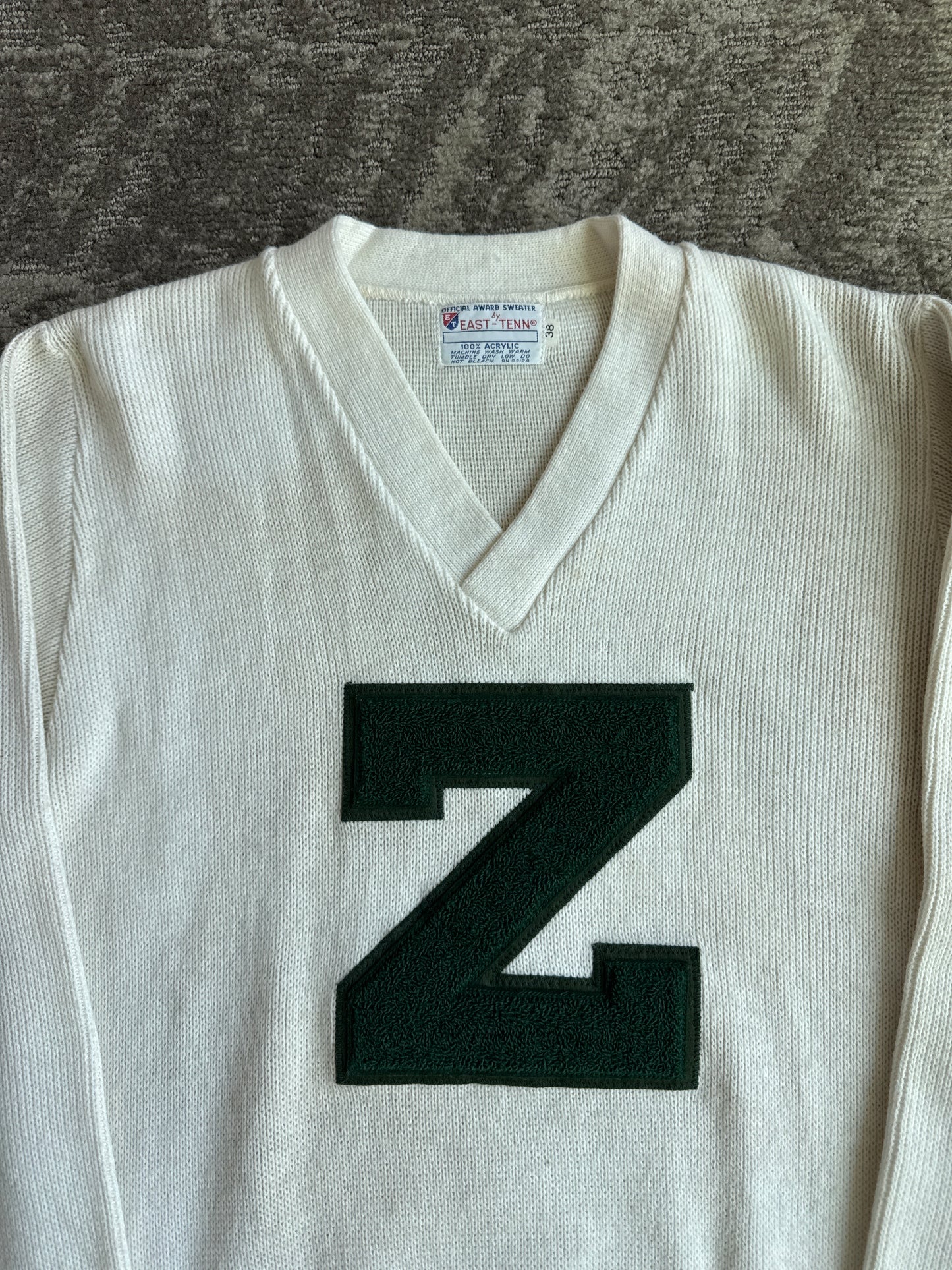 Vintage 70s East-Tenn Varsity Award Cream Forest Green Chenille Z Patch Sweater