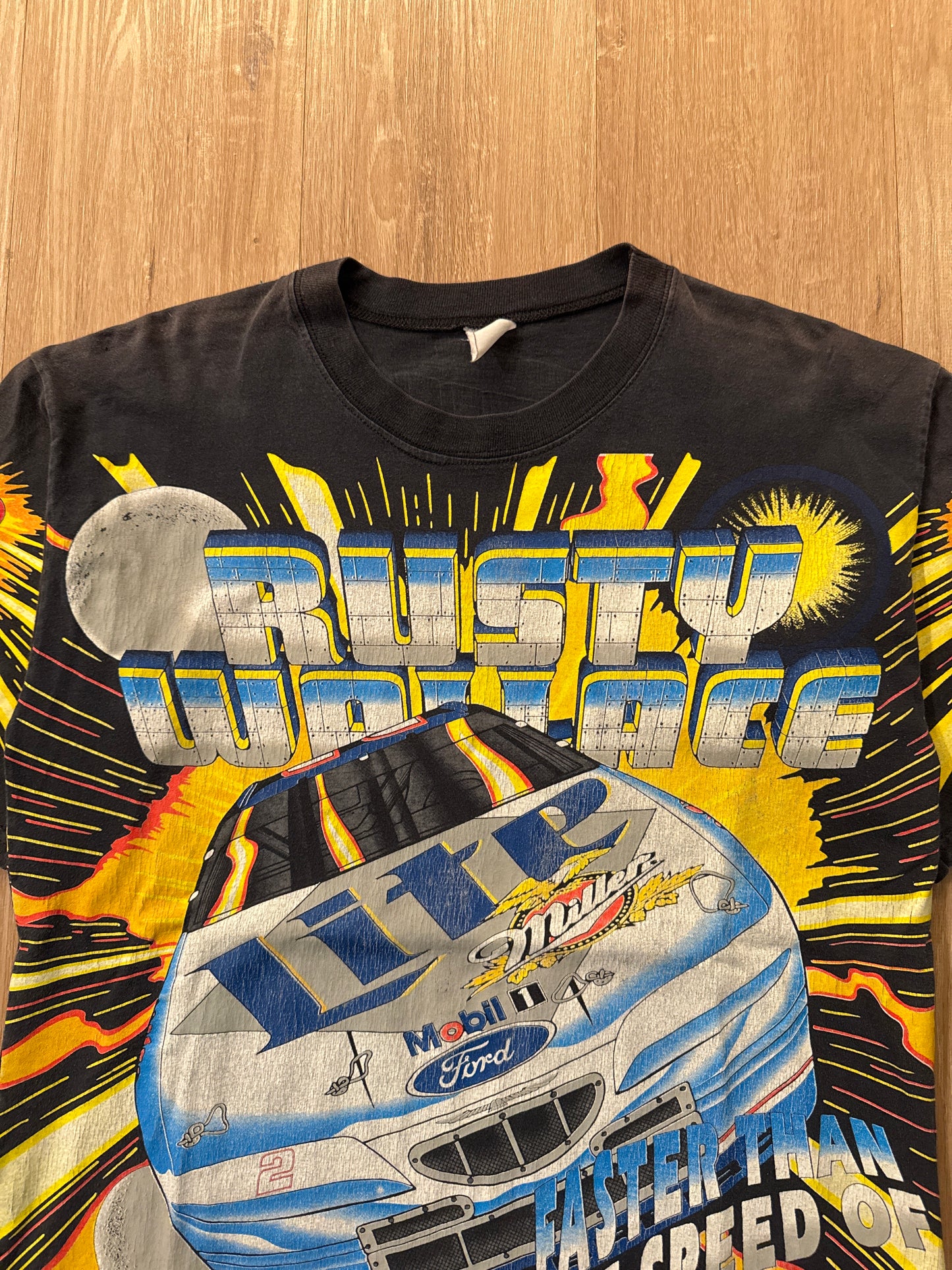 Vintage 1997 Nascar Rusty Wallace Faster Than The Speed Of Lite All Over Print Tee