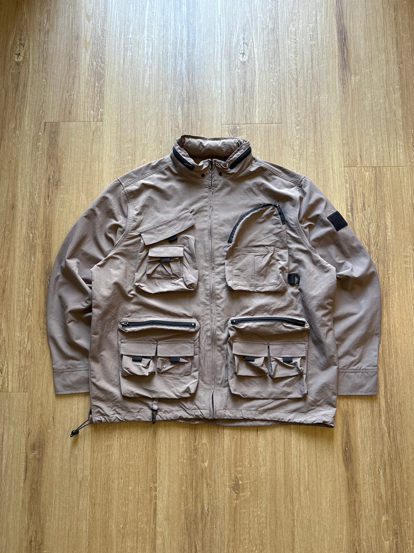 Urban Outfitters Taupe Cargo Utility Tech Pockets Full Zip Nylon Jacket