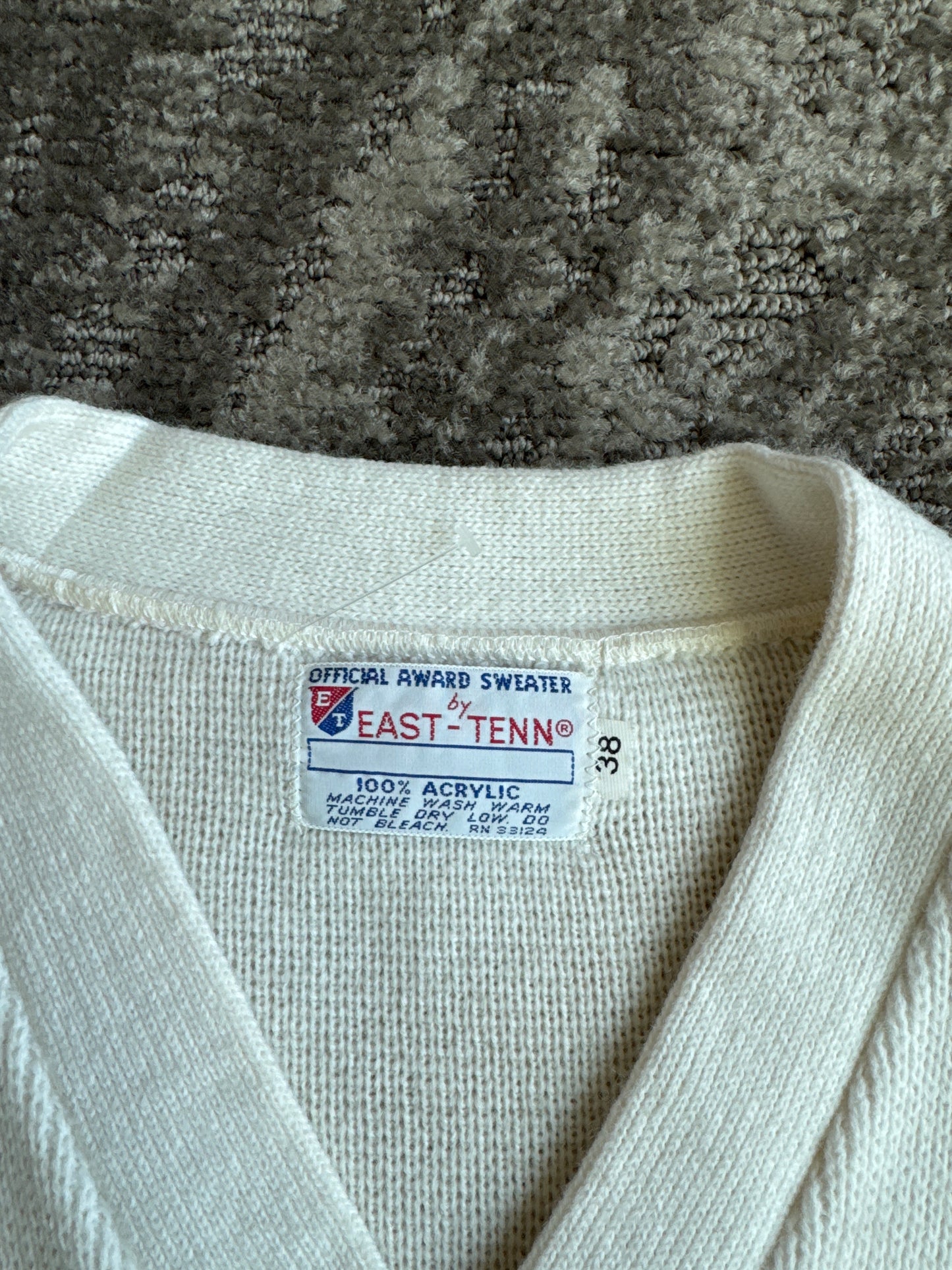Vintage 70s East-Tenn Varsity Award Cream Forest Green Chenille Z Patch Sweater