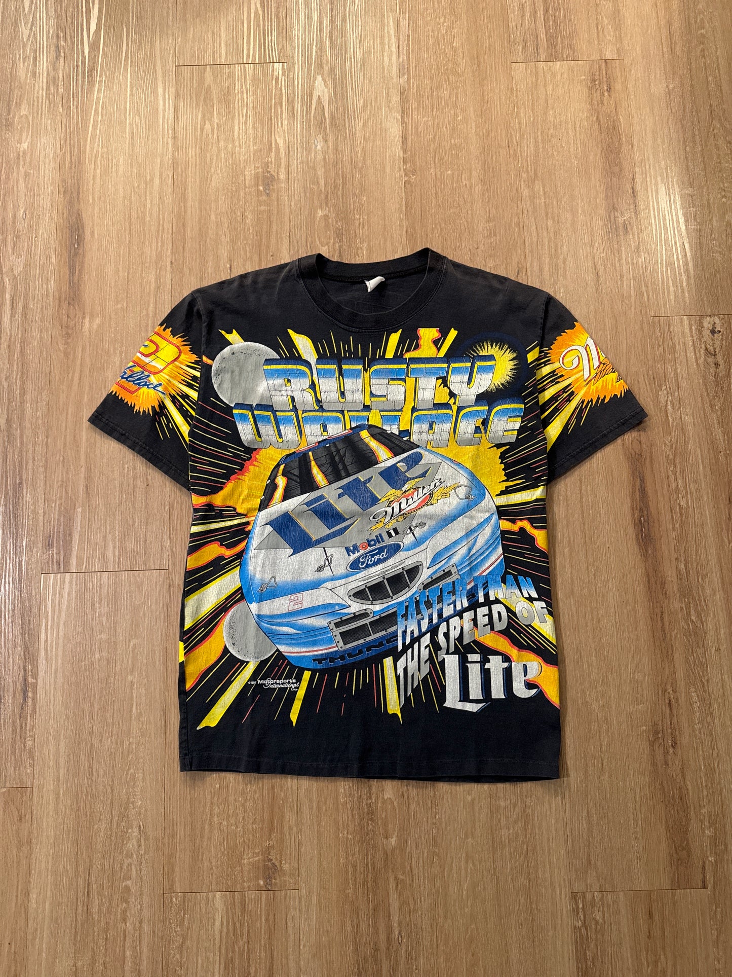Vintage 1997 Nascar Rusty Wallace Faster Than The Speed Of Lite All Over Print Tee