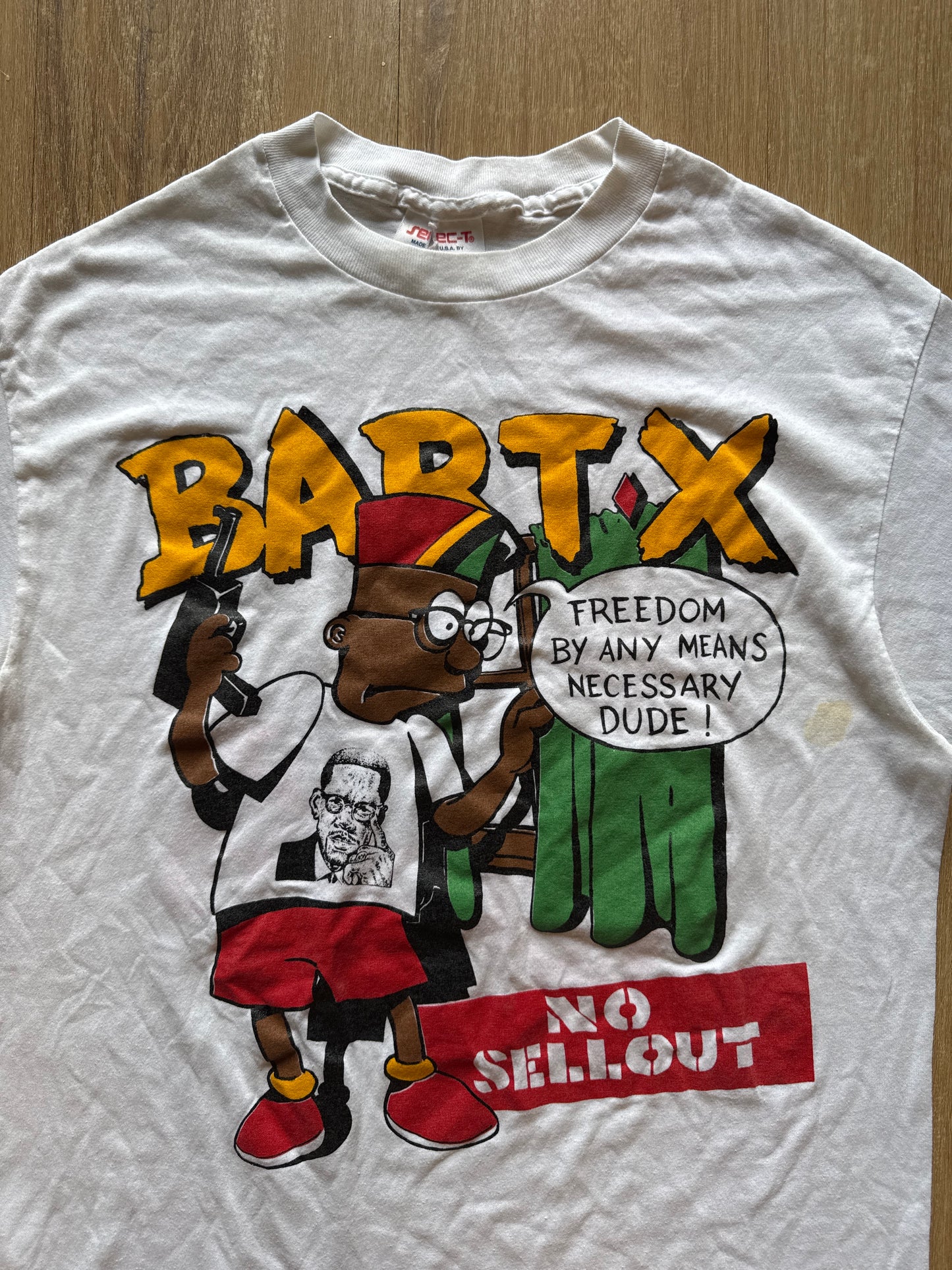 Vintage 90s Bart X Malcolm X Freedom By Any Means Necessary Dude No Sellout Tee
