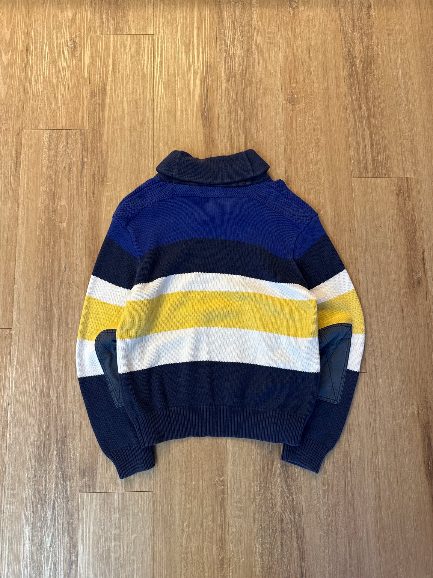 Vintage Polo Ralph Lauren Toggle Shawl Blue Navy Cotton Elbow-Patches Sweater
