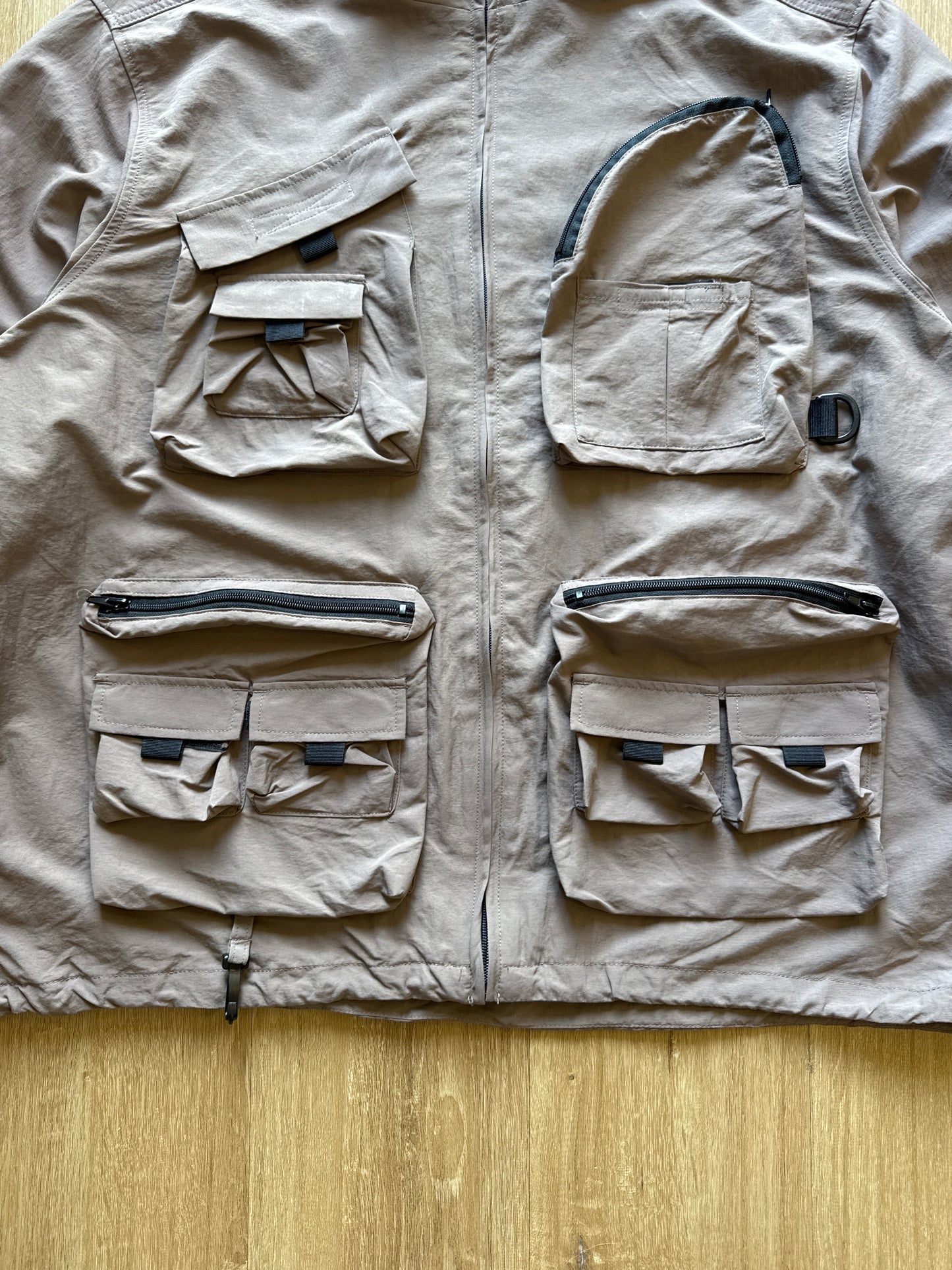 Urban Outfitters Taupe Cargo Utility Tech Pockets Full Zip Nylon Jacket