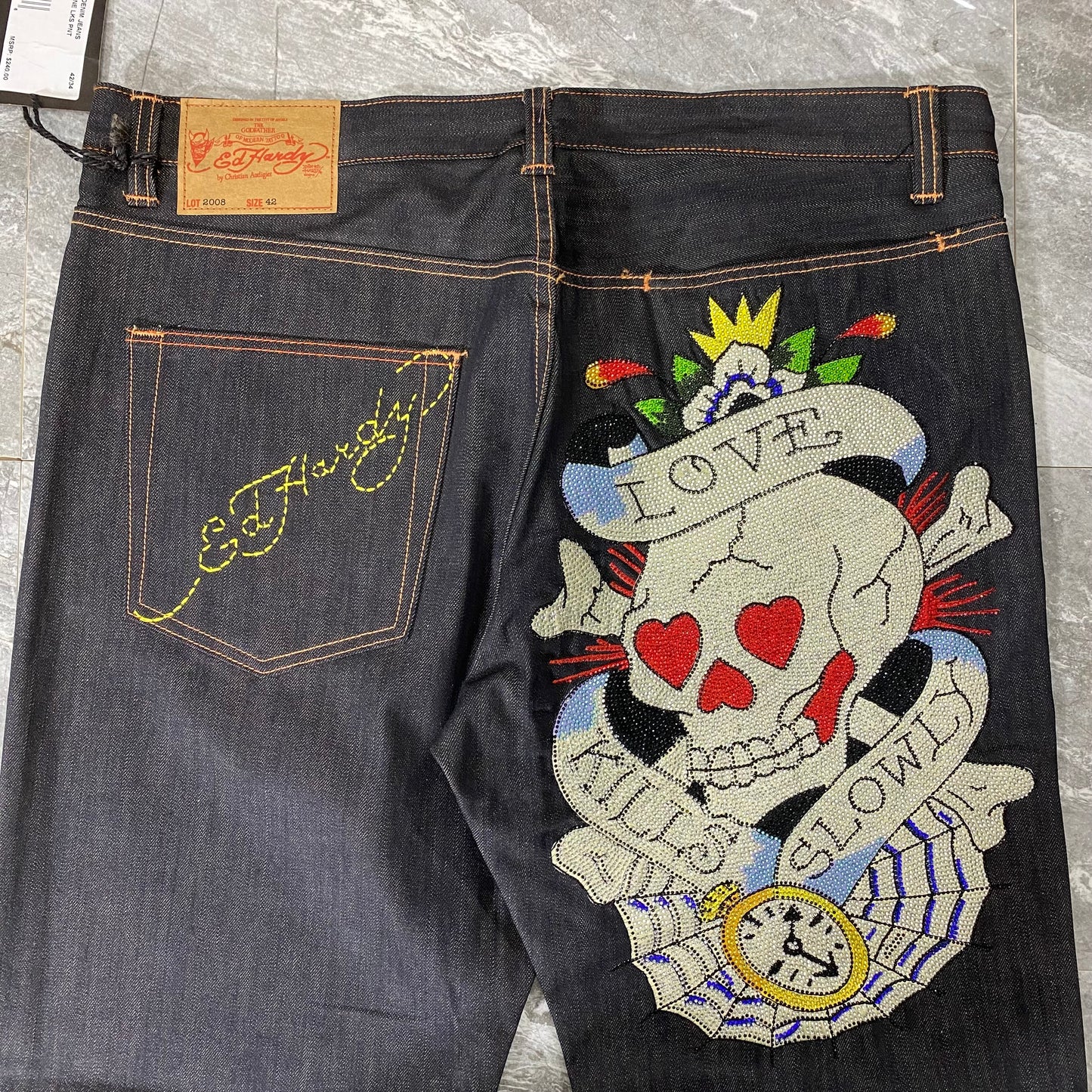 Vintage Ed Hardy Rhinestone Skull Love Kills Slow Denim Jeans