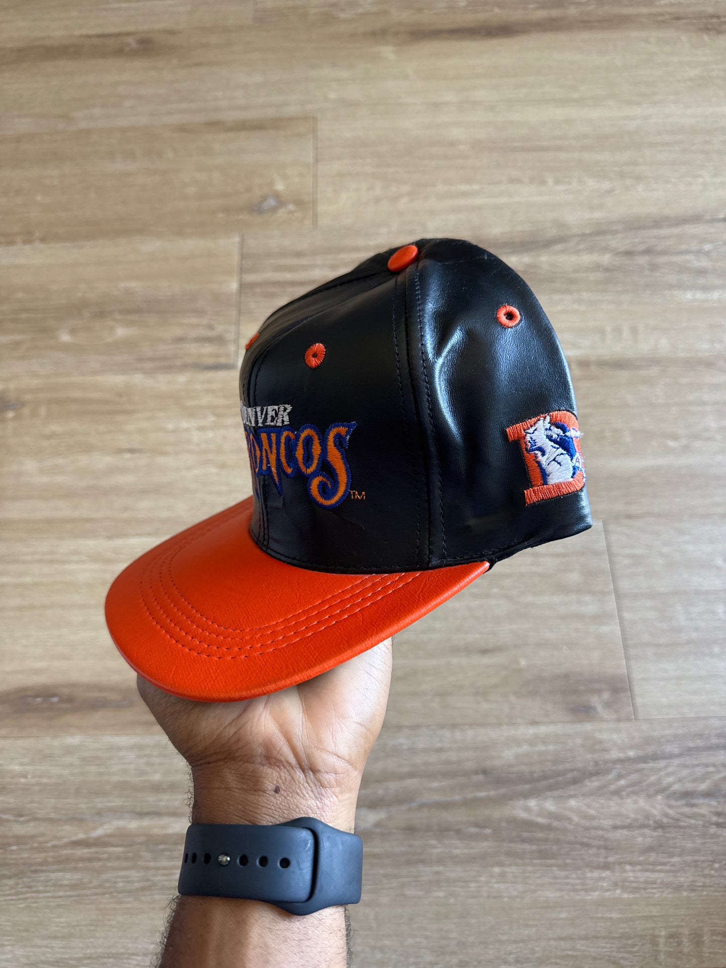 Vintage 90s Denver Broncos Leather Snapback Hat