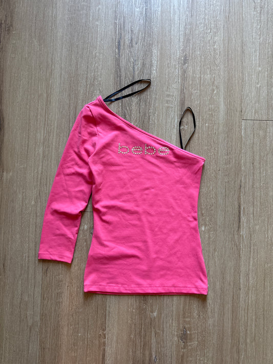 Y2K Women’s Bebe Bedazzled Off The Shoulder Pink Logo Longsleeve Tee