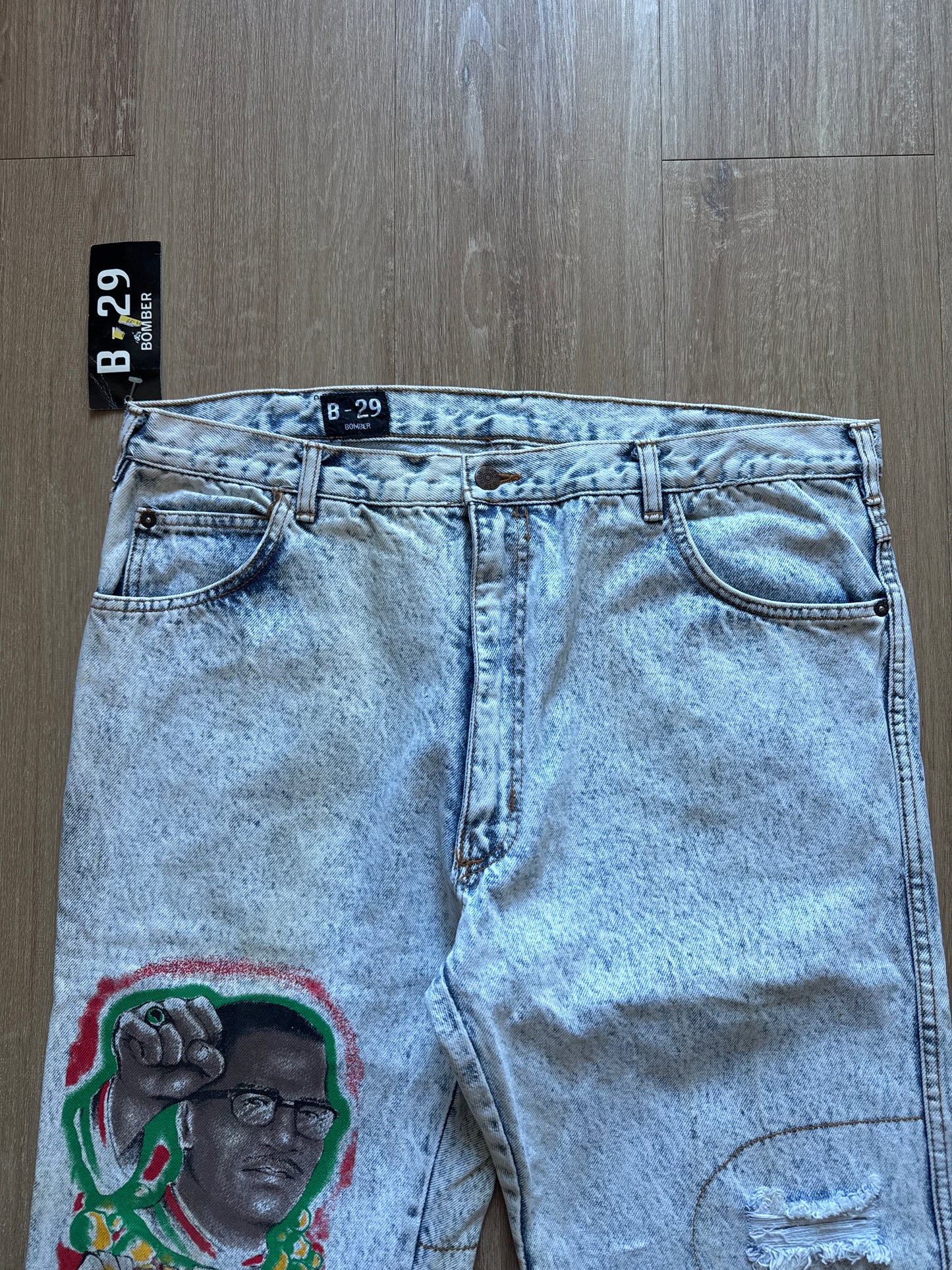 Vintage 90s B-29 Bomber Malcolm X By Ant Means Necessary Light Washed Denim Patched Jeans