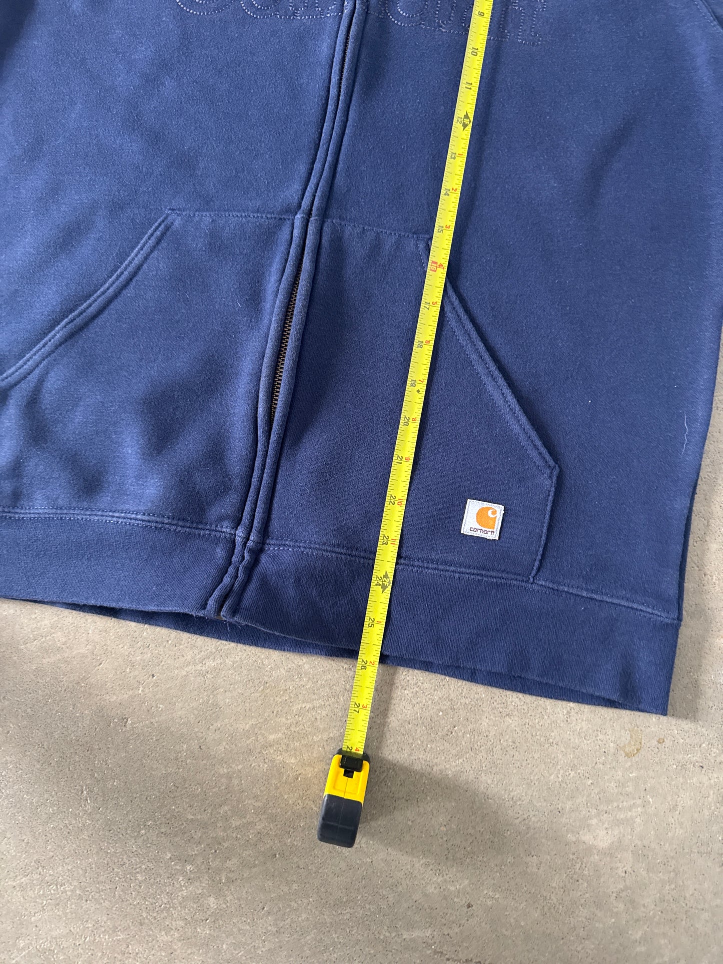 Vintage Women’s Carhartt Navy Stitched Logo Hooded Zip Up