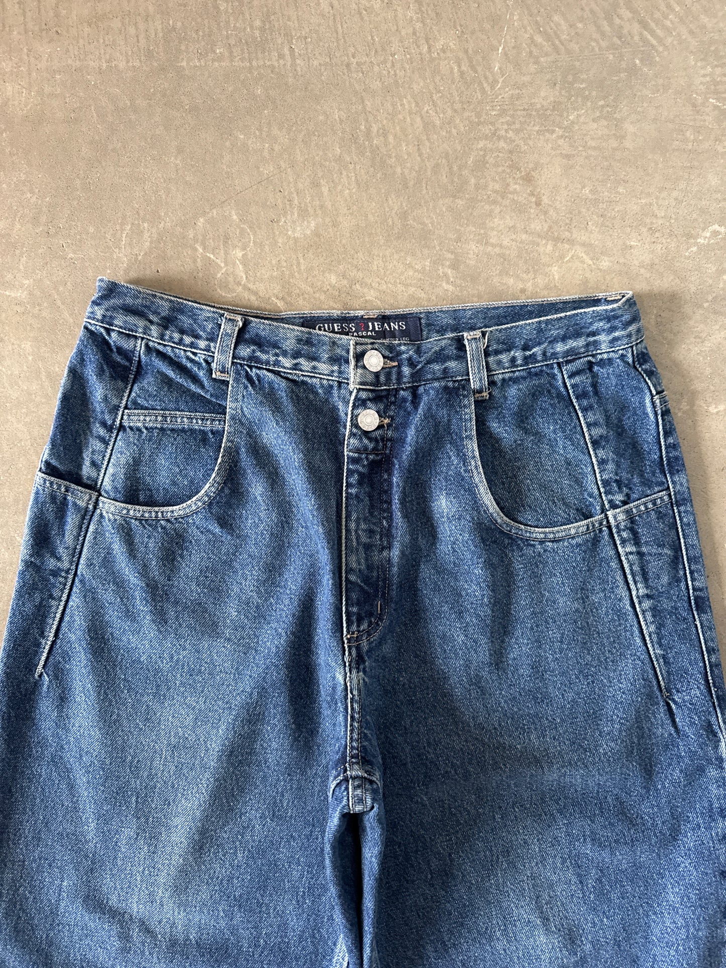 Vintage 90s Guess Jeans Pascal Loose Fit Tapered Leg Dark Washed Denim Jeans