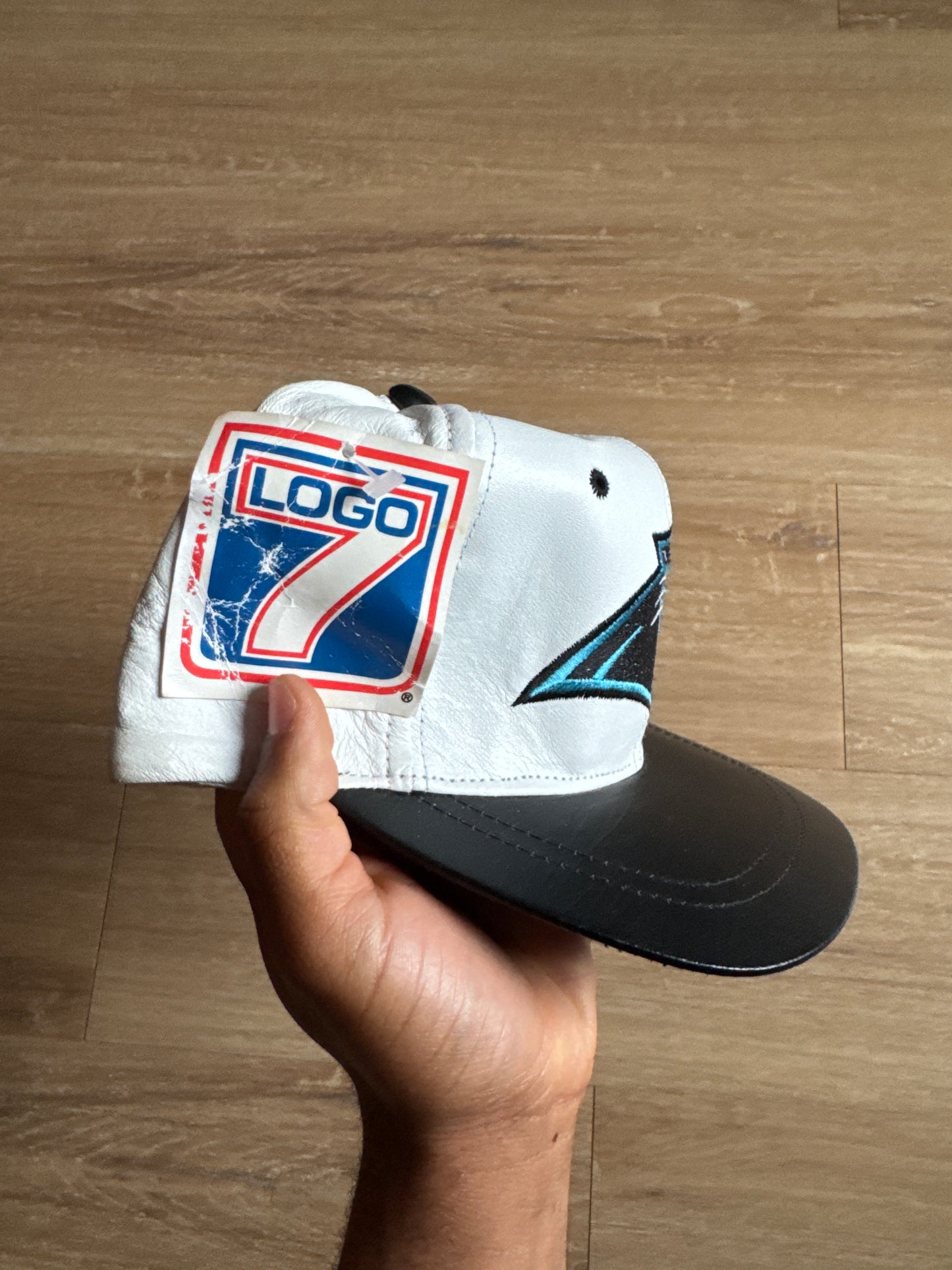 Vintage Logo 7 Carolina Panthers Leather Strapback Hat
