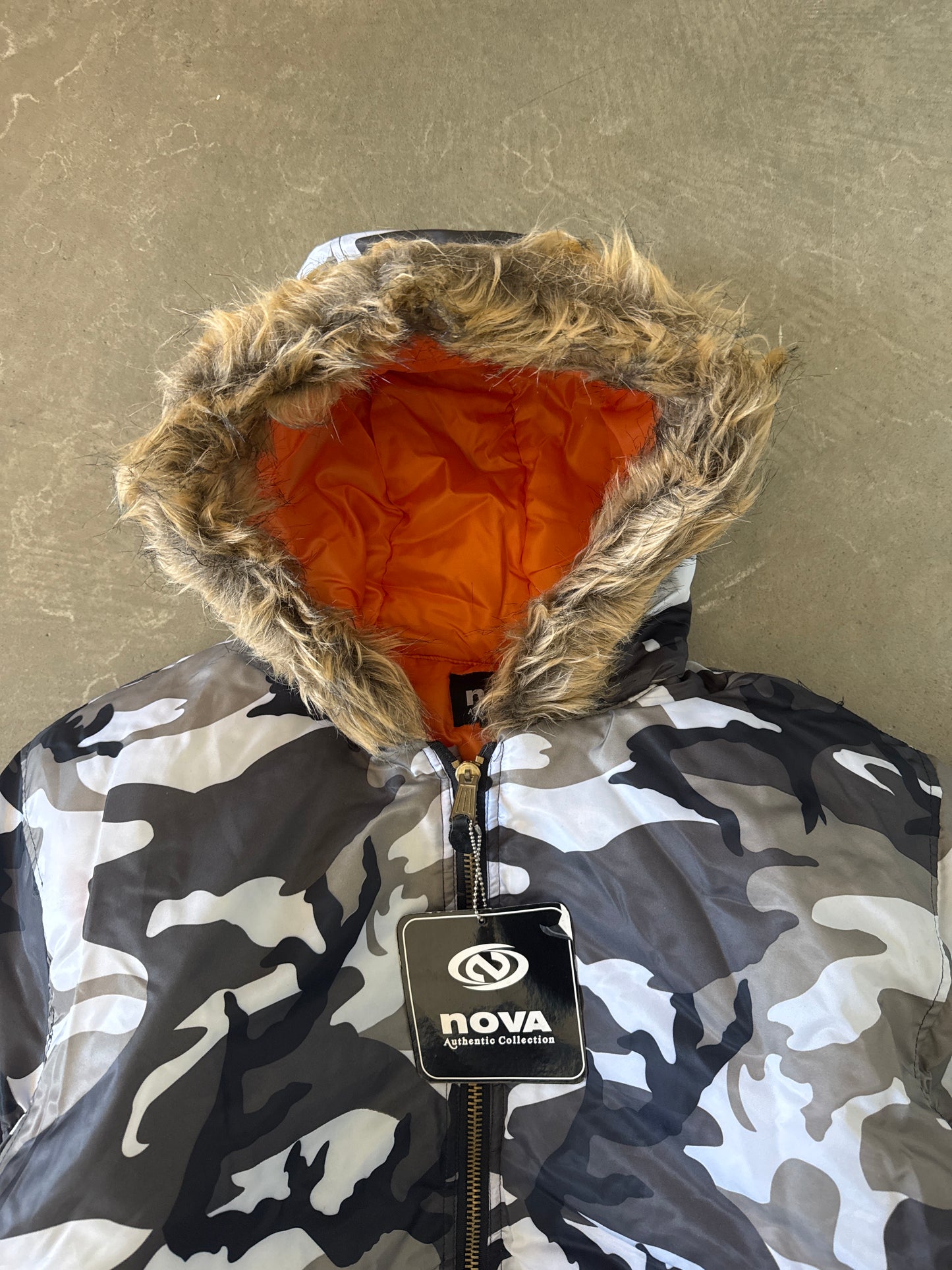 Vintage Nova Snow Camo Flight Bomber Fur Hooded Jacket