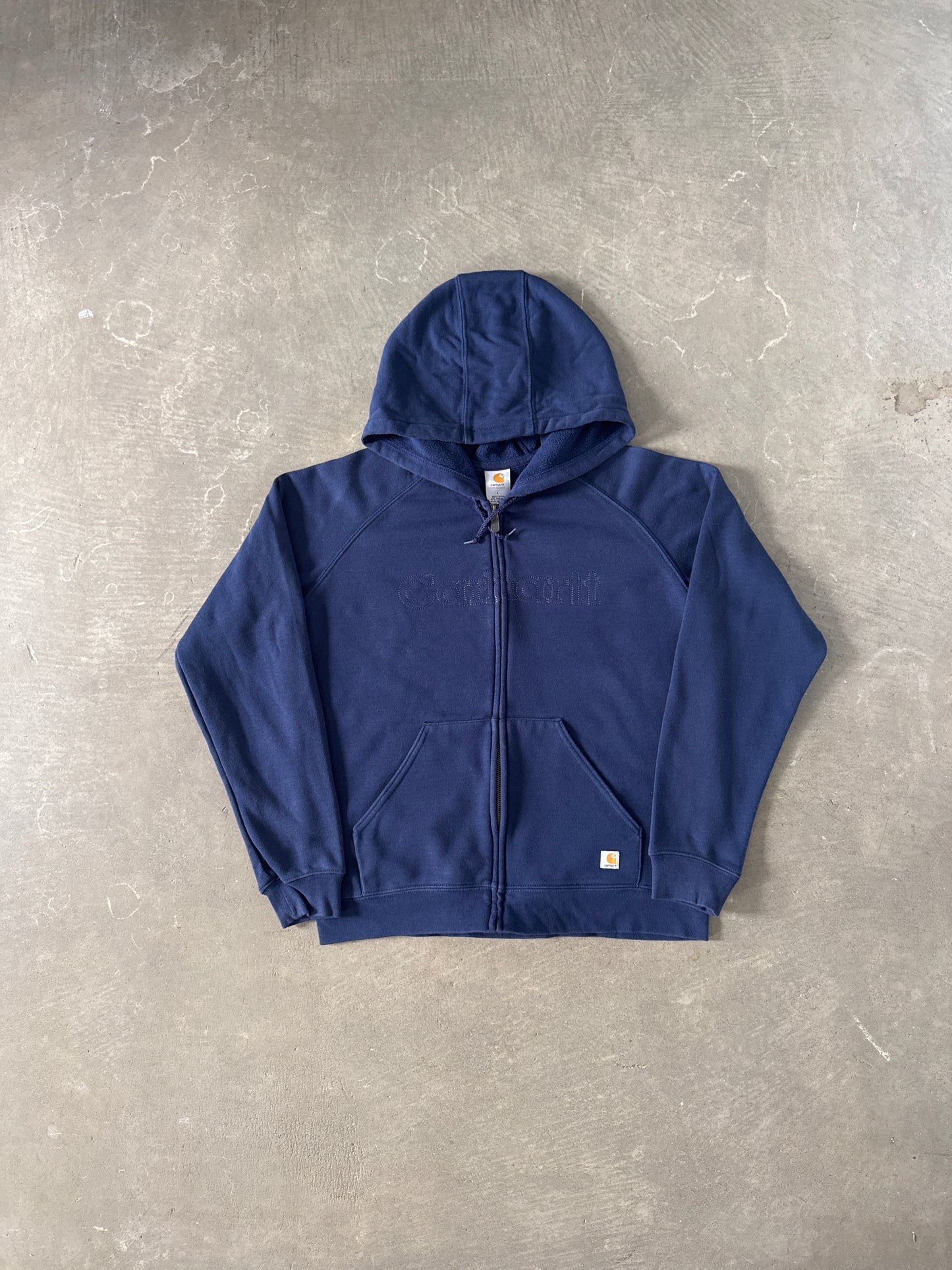 Vintage Women’s Carhartt Navy Stitched Logo Hooded Zip Up