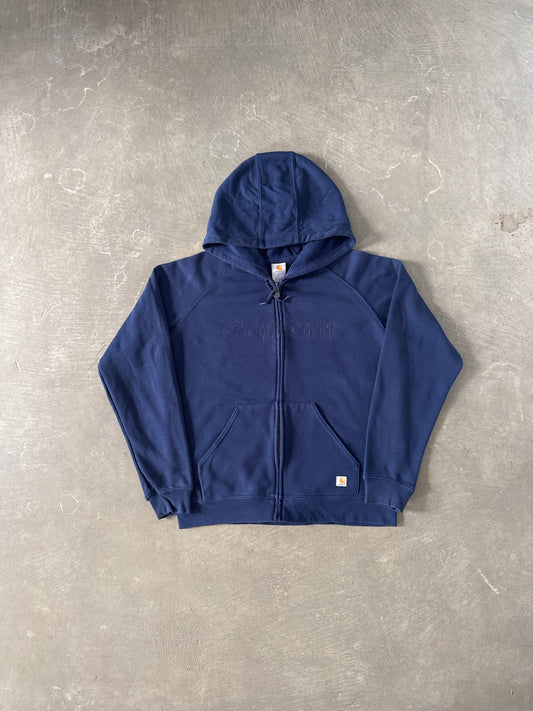Vintage Women’s Carhartt Navy Stitched Logo Hooded Zip Up