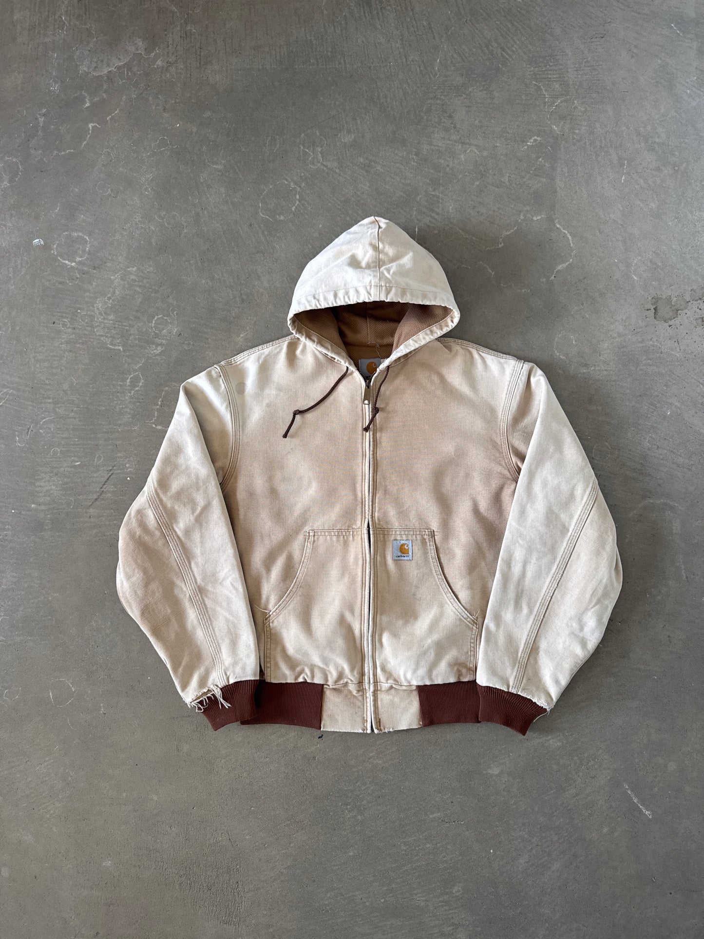 Vintage 90s Carhartt Sun Faded Light Tan Hooded Work Jacket