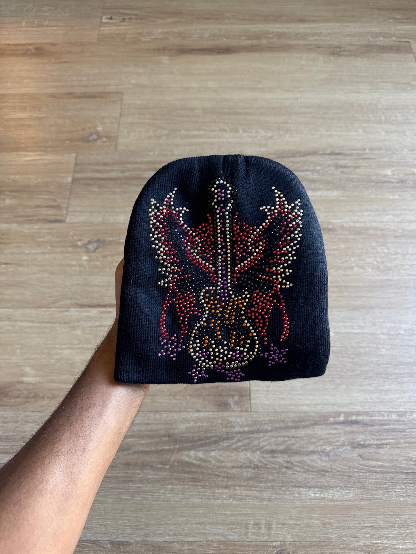 Vintage Y2K Rock & Roll Guitar Bedazzled Skully Beanie Hat