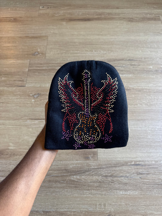 Vintage Y2K Rock & Roll Guitar Bedazzled Skully Beanie Hat