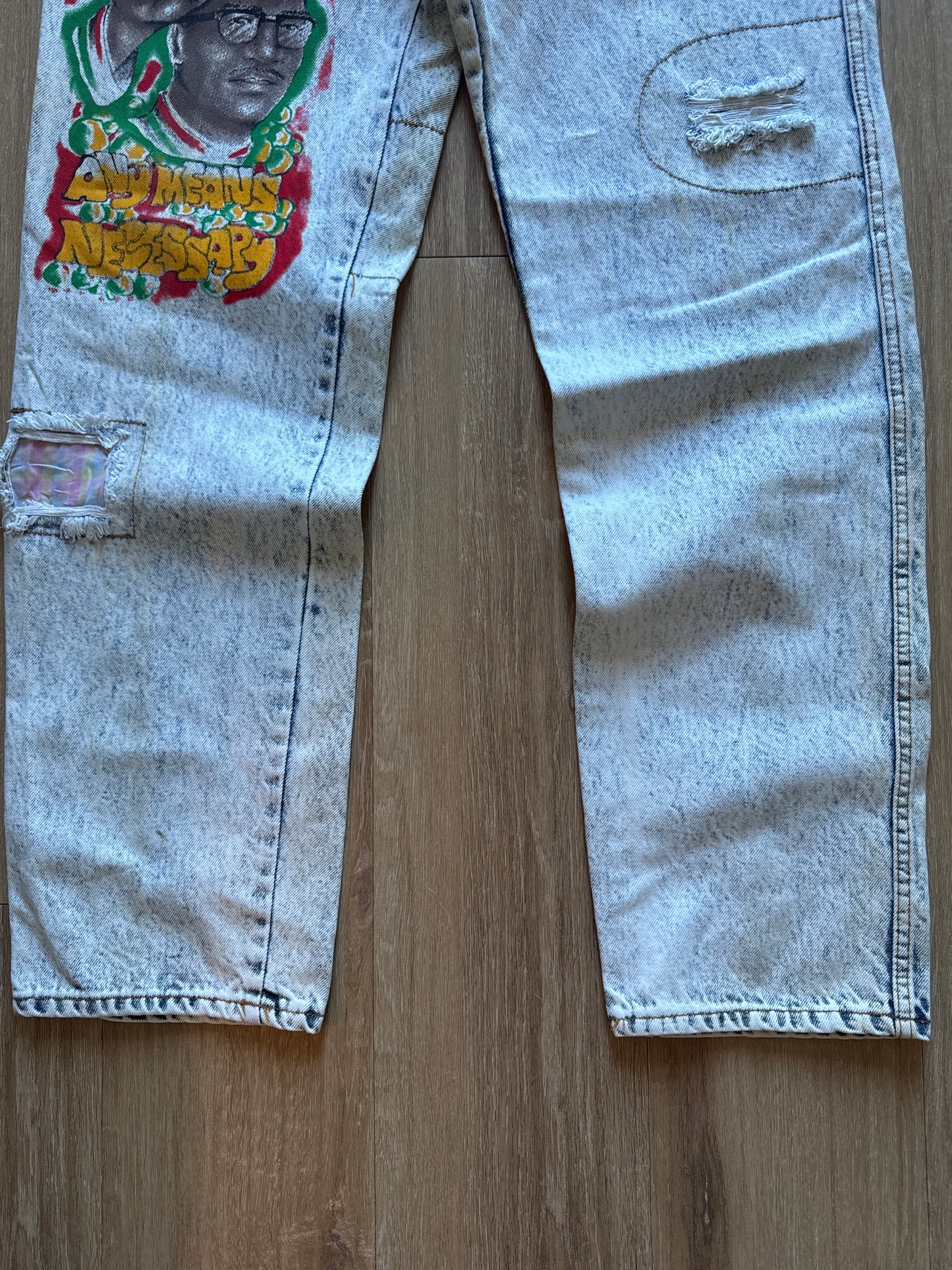 Vintage 90s B-29 Bomber Malcolm X By Ant Means Necessary Light Washed Denim Patched Jeans