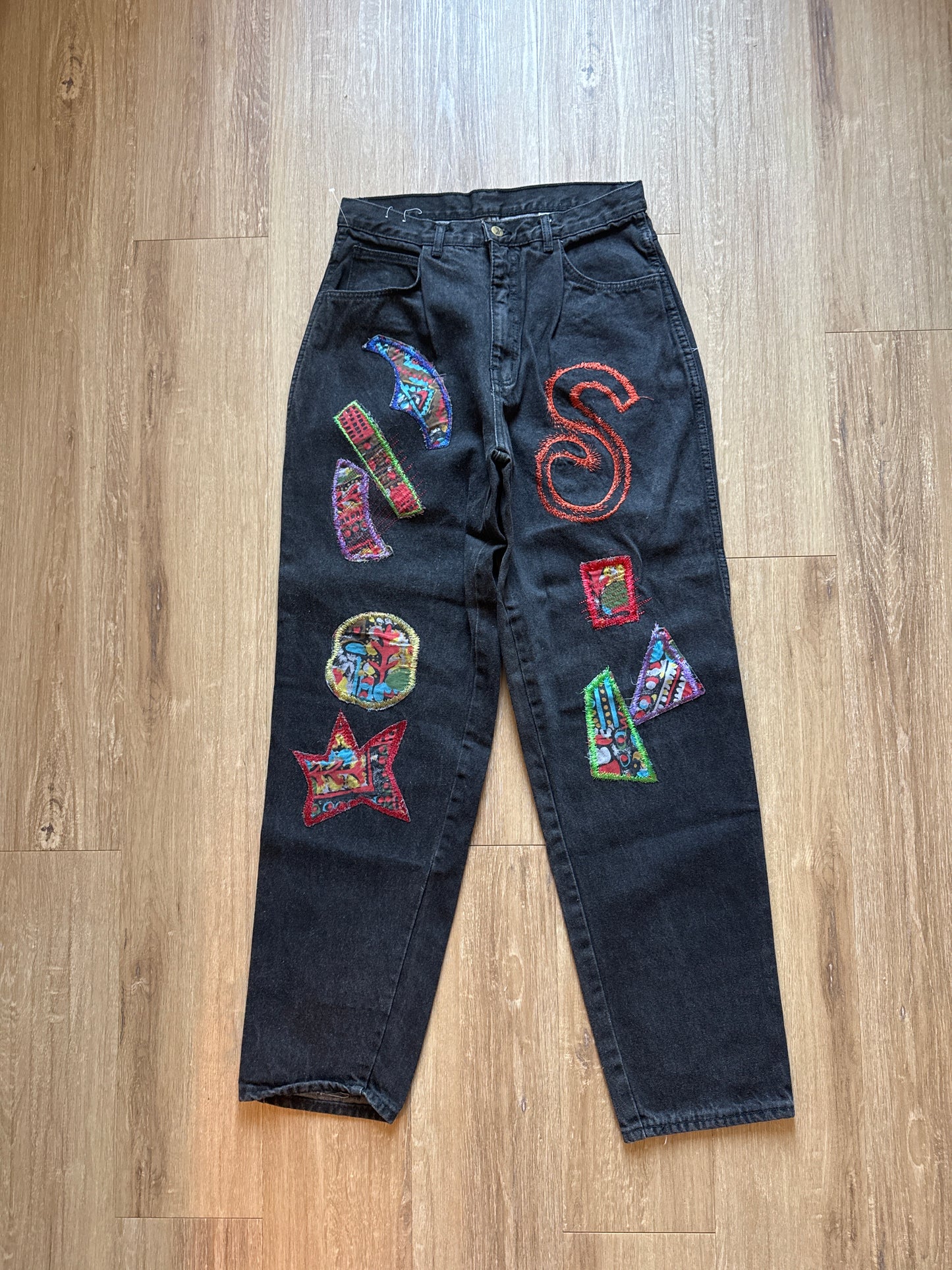 Vintage Slick Work In Progress Embroidered Patchwork Faded Black Denim Jeans