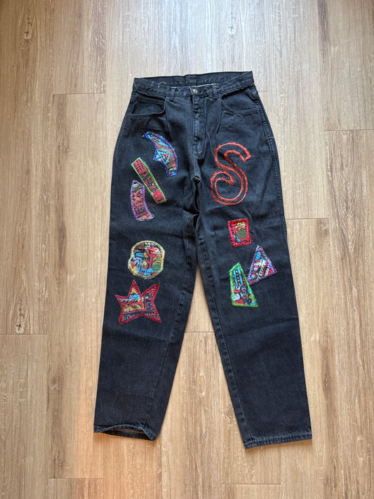 Vintage Slick Work In Progress Embroidered Patchwork Faded Black Denim Jeans
