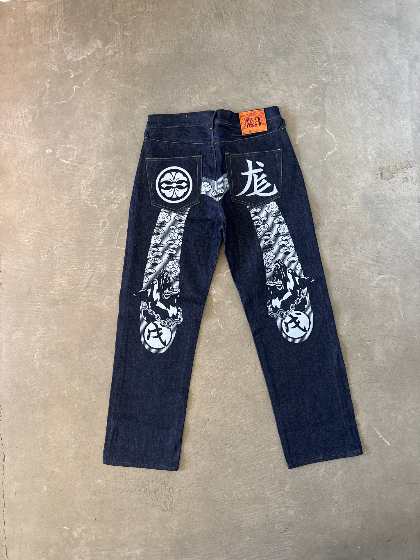 Evisu Embroidered Japanese Grey Dog Art Salvage Denim Jeans
