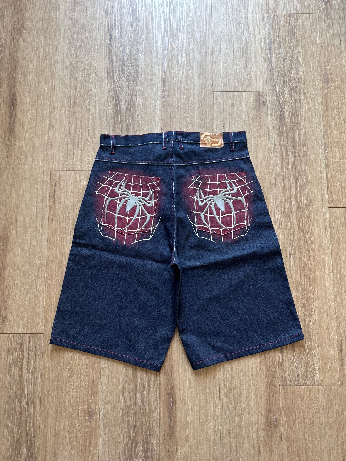Vintage 90s Y2k Dead Stock Baggy Wide Leg Rare Grail Competition Spider Man Dark Wash Blue Denim Jorts