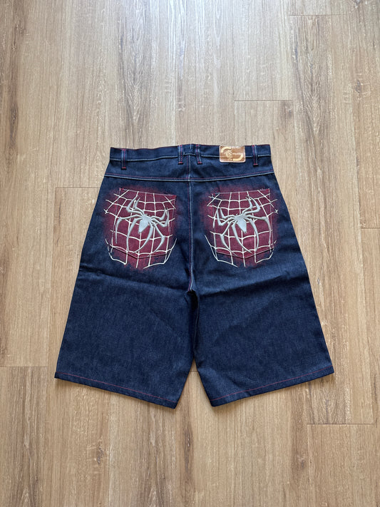 Vintage 90s Y2k Dead Stock Baggy Wide Leg Rare Grail Competition Spider Man Dark Wash Blue Denim Jorts