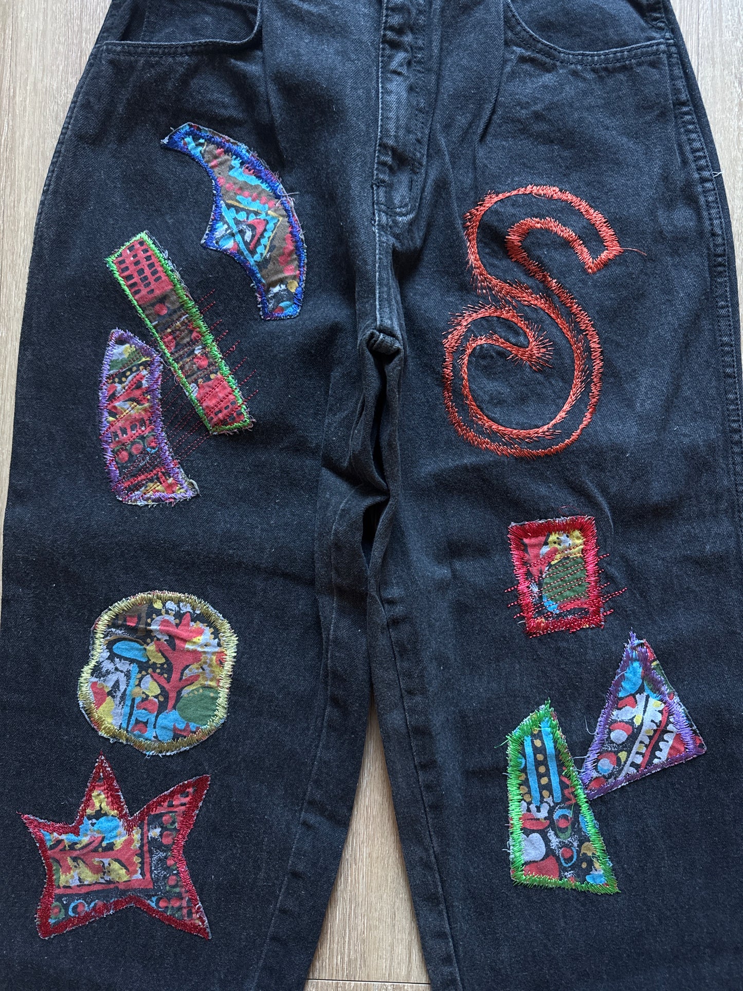 Vintage Slick Work In Progress Embroidered Patchwork Faded Black Denim Jeans