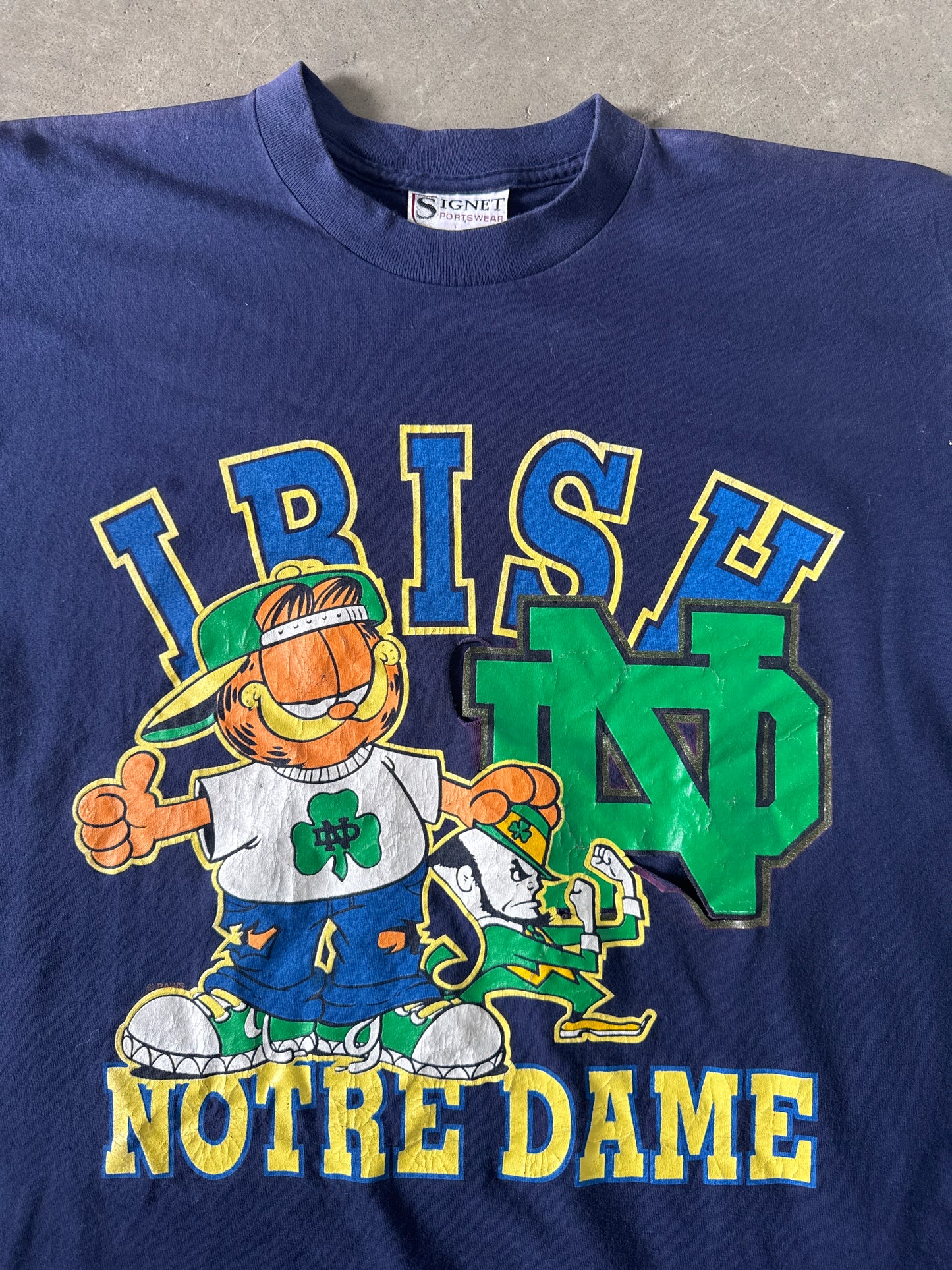 Vintage 90s Notre Dame Irish Garfield Distressed Tee
