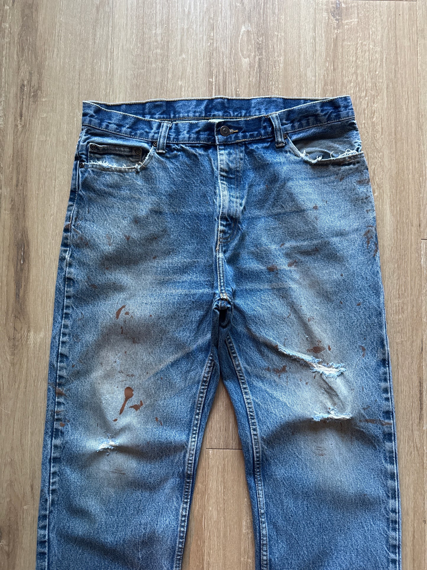 Vintage Distressed Paint Splatter Blue Denim Jeans