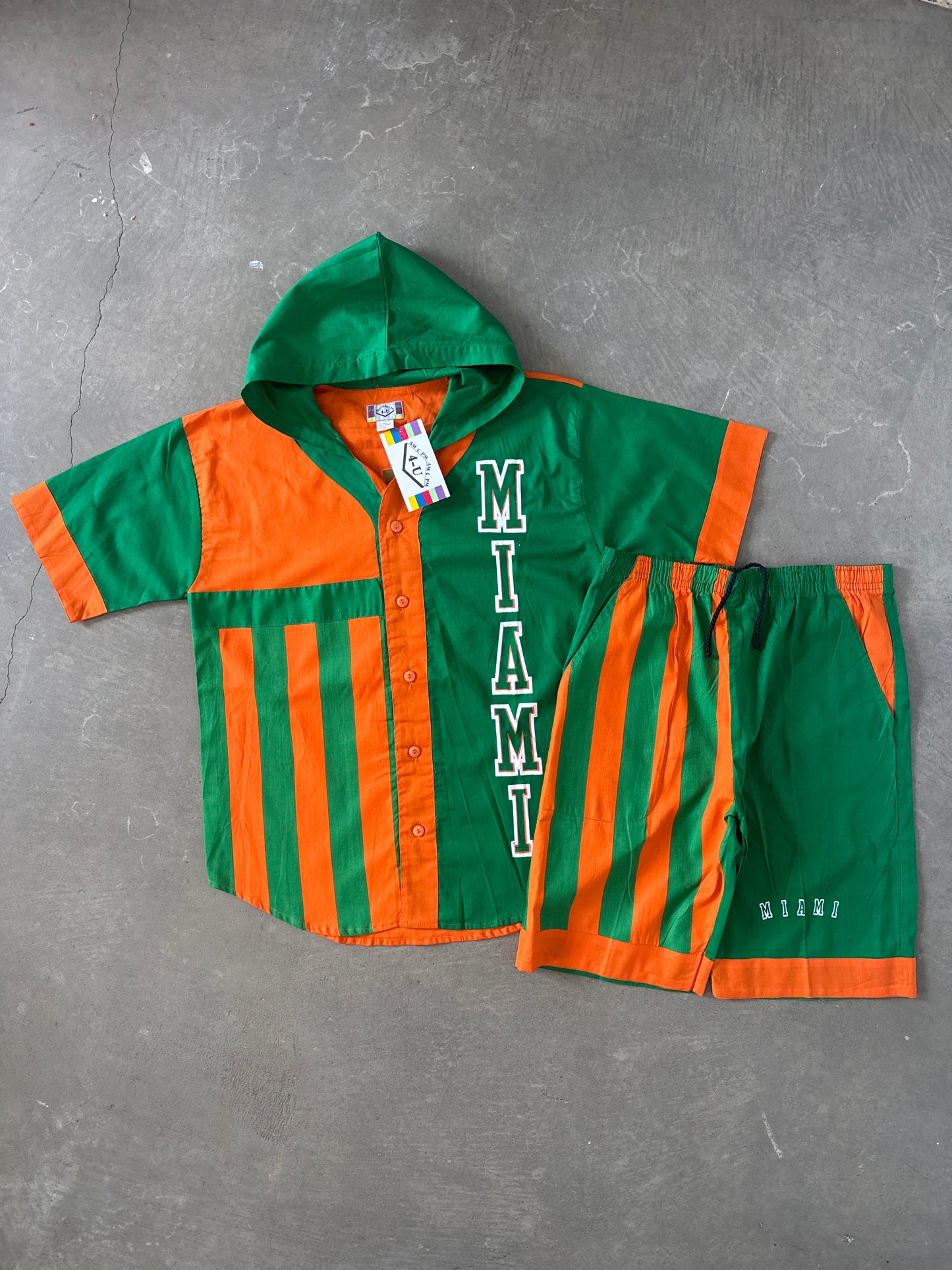 Vintage 90s University Of Miami Hurricanes Hooded Tee Shorts Set
