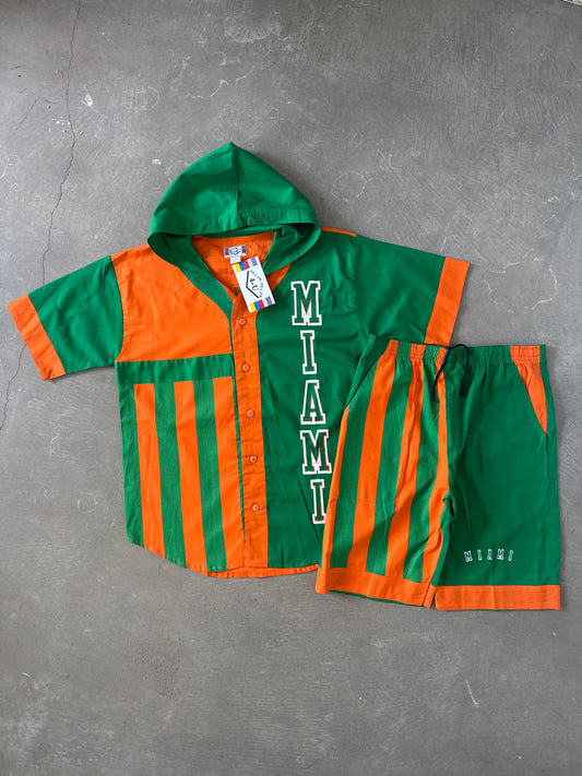Vintage 90s University Of Miami Hurricanes Hooded Tee Shorts Set