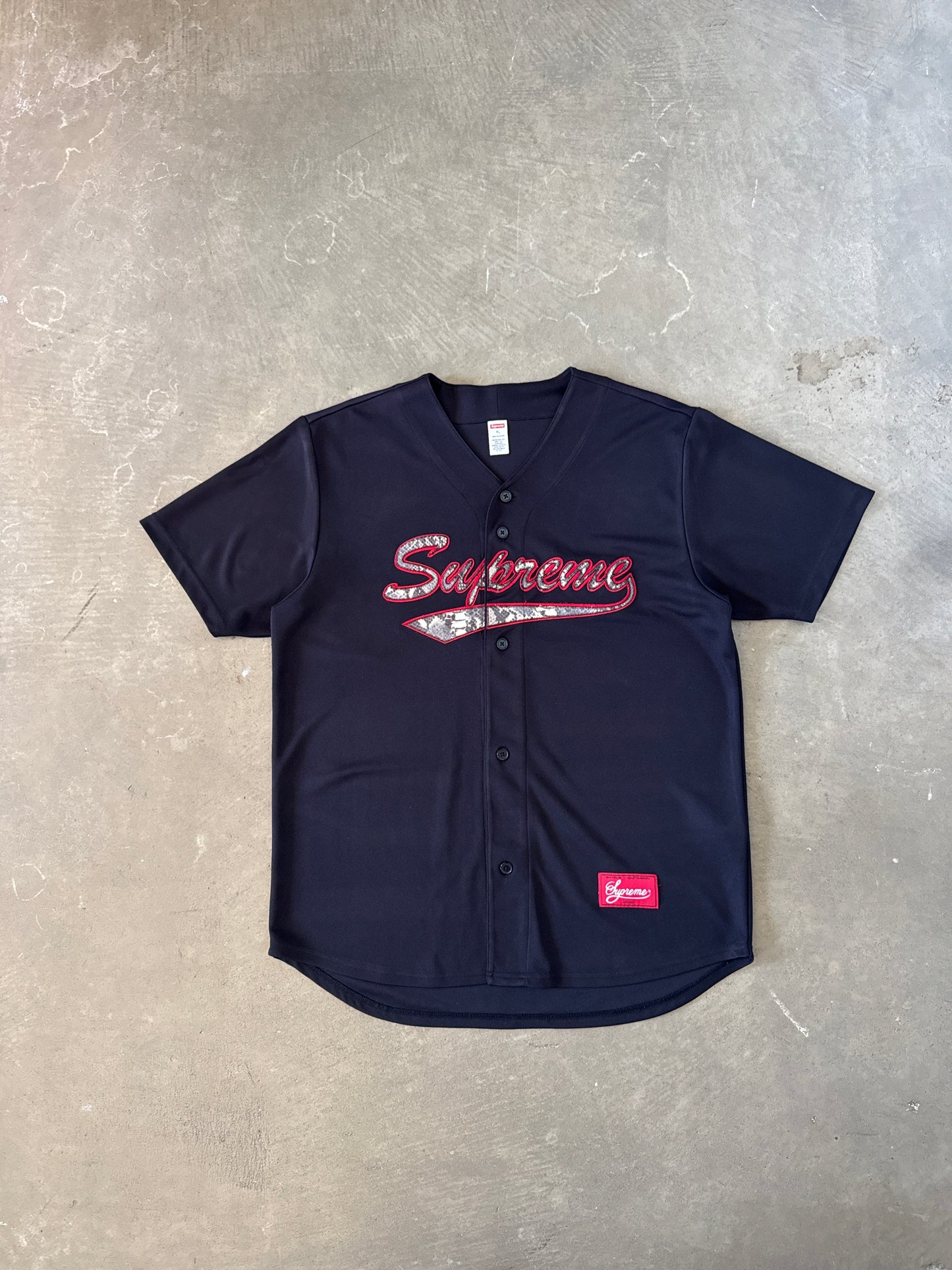 Supreme Snake Script Logo Black Baseball Jersey