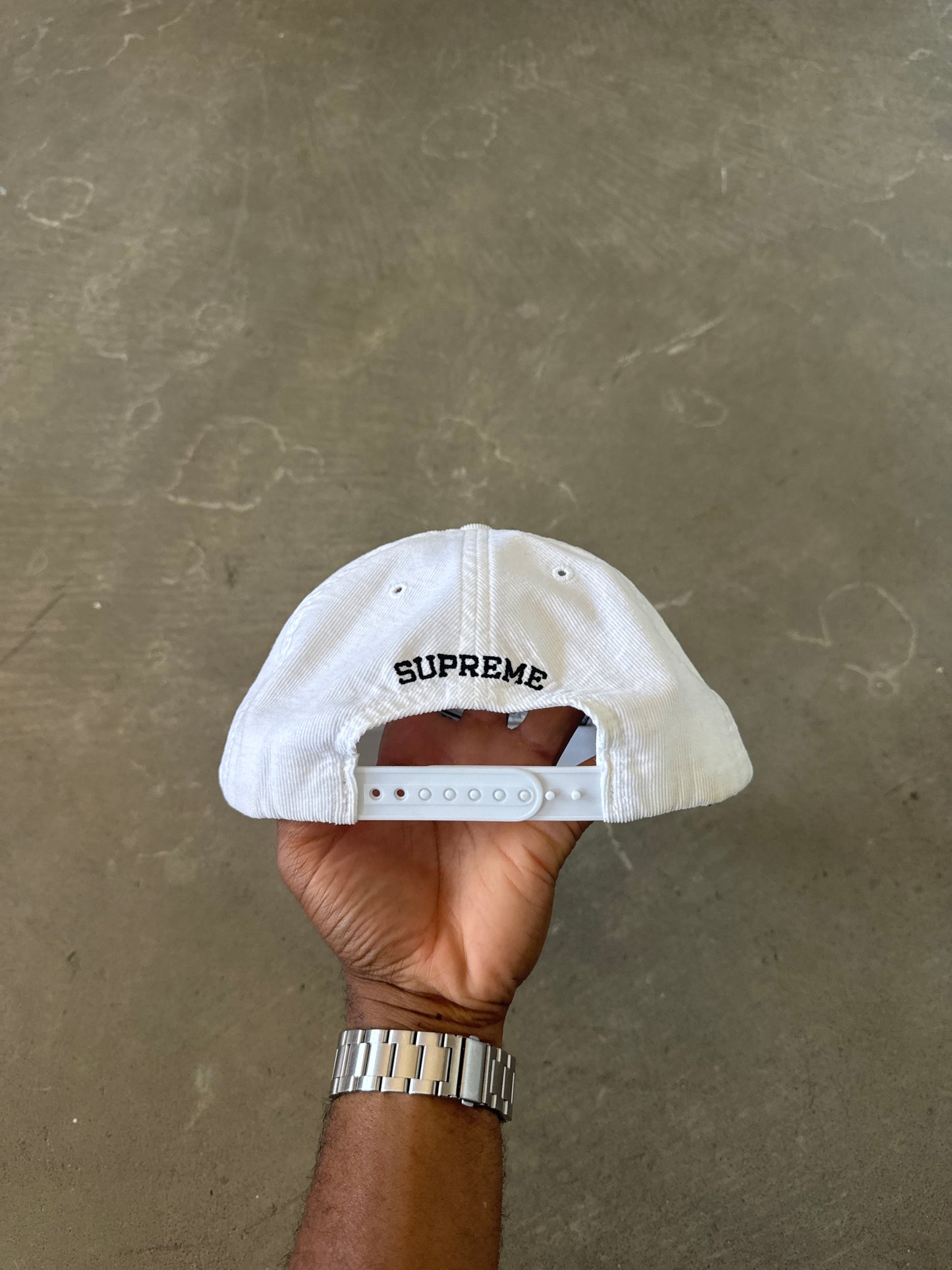 Supreme Metallic Logo Corduroy 5-Panel White Snapback Hat