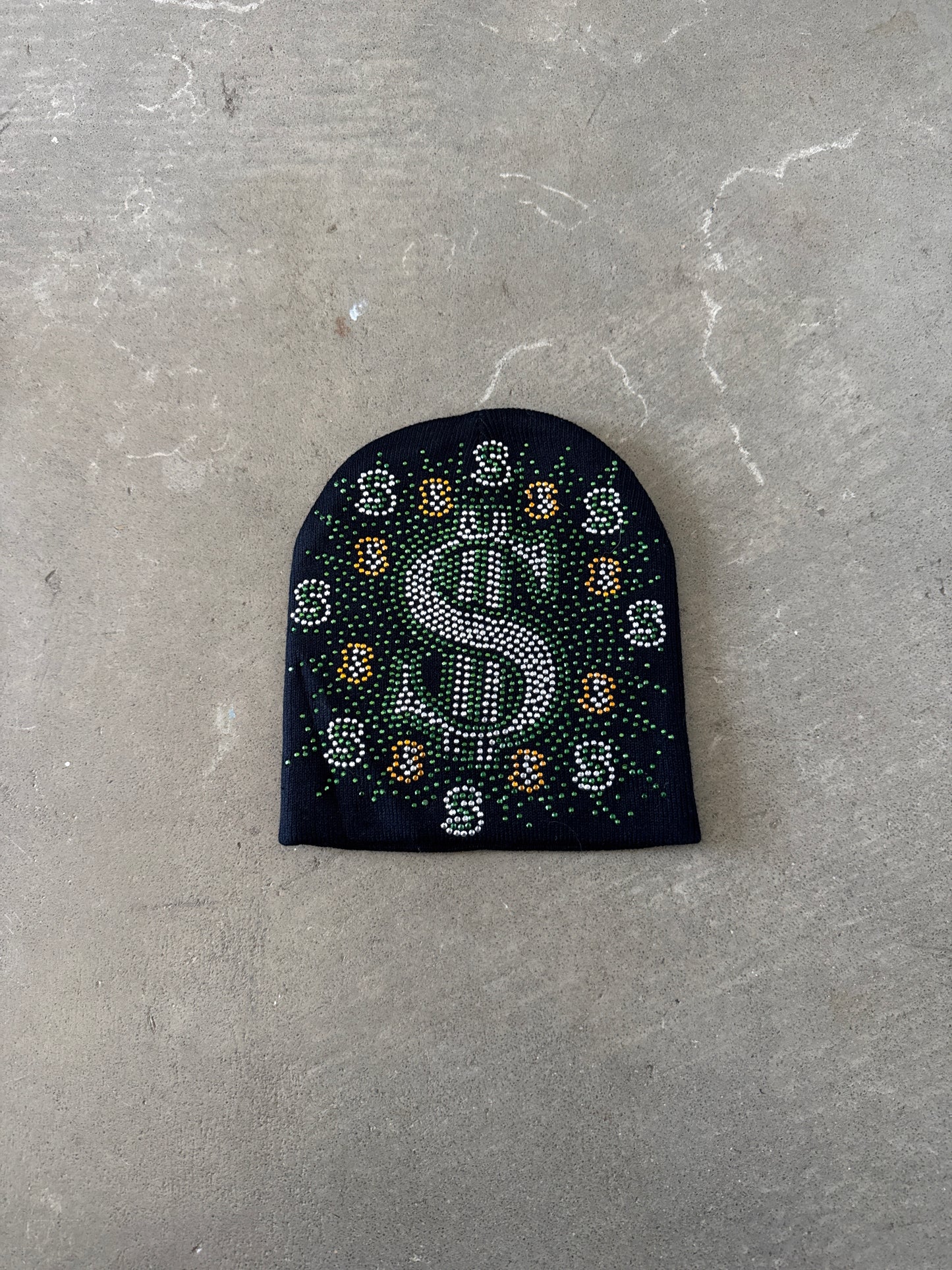 Vintage Y2K Money Dollar Sign Bedazzled Skully Beanie Hat