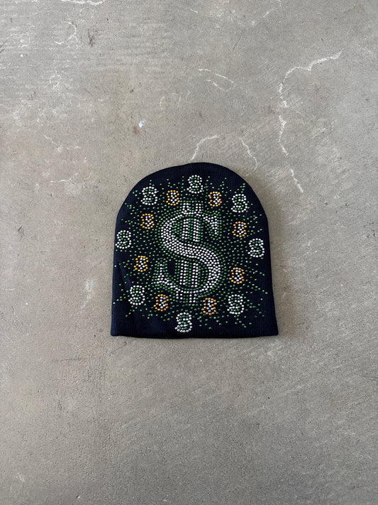Vintage Y2K Money Dollar Sign Bedazzled Skully Beanie Hat