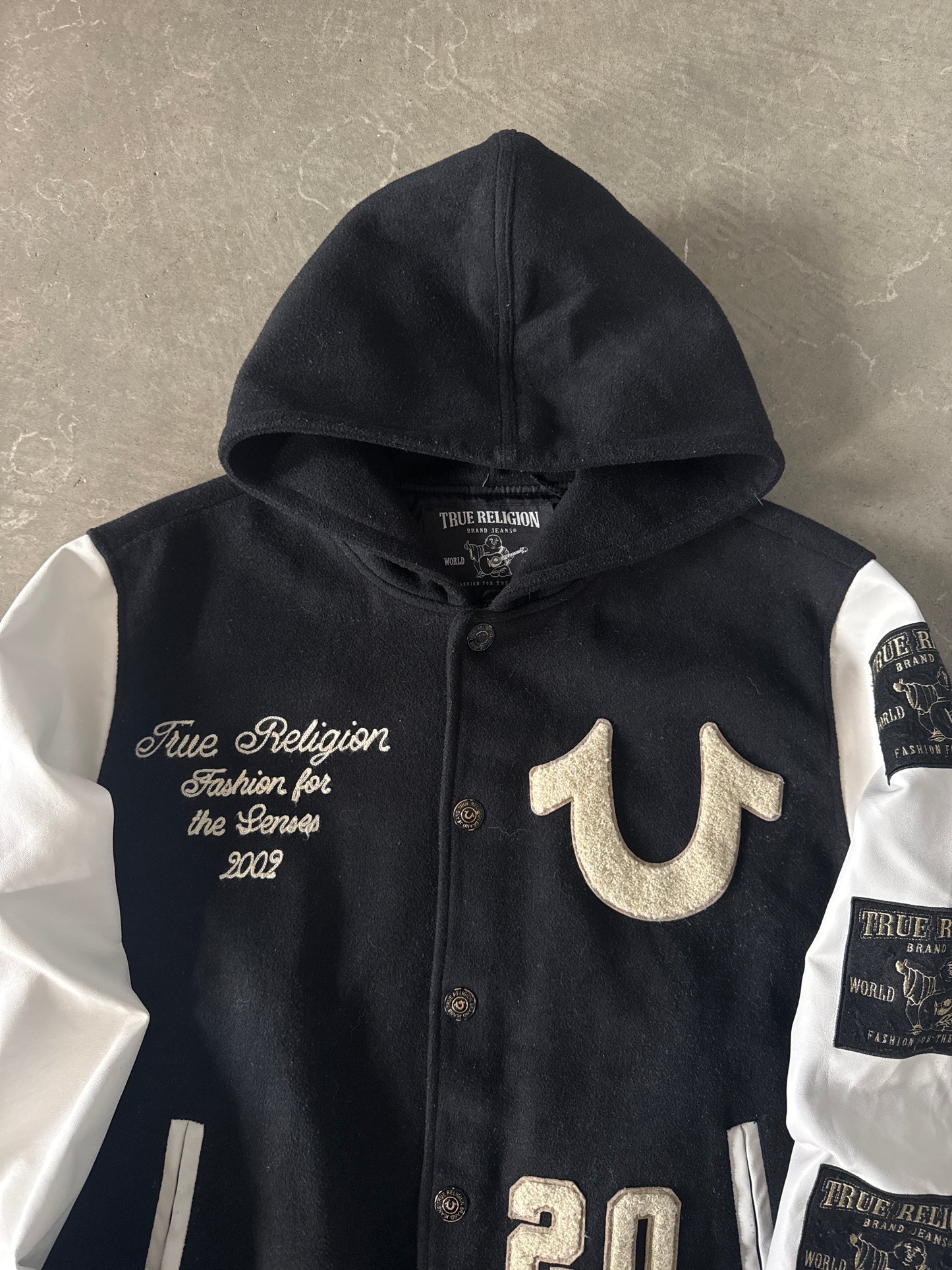 True Religion Black Patch Logo Wool Blend Bomber Jacket
