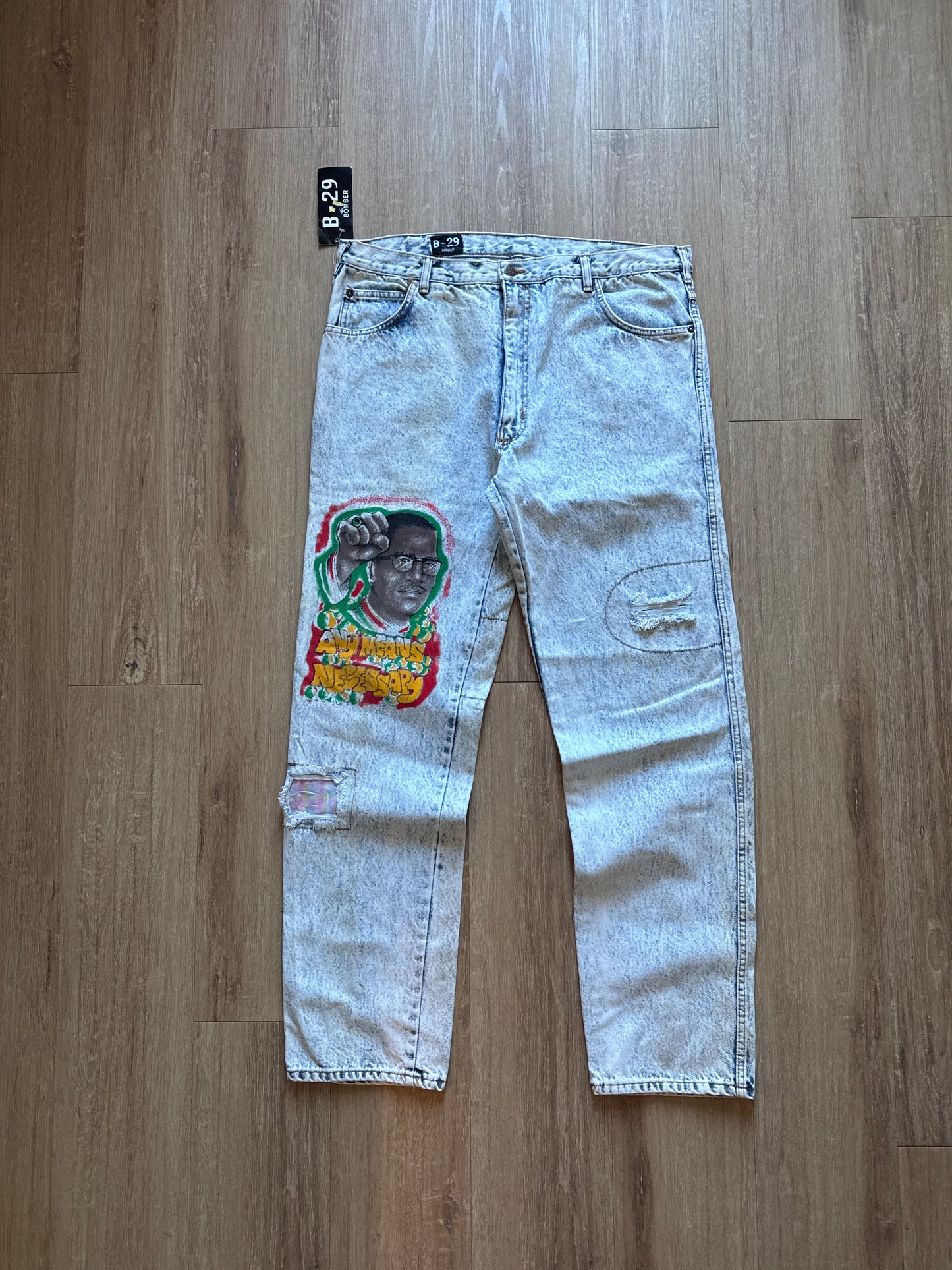Vintage 90s B-29 Bomber Malcolm X By Ant Means Necessary Light Washed Denim Patched Jeans