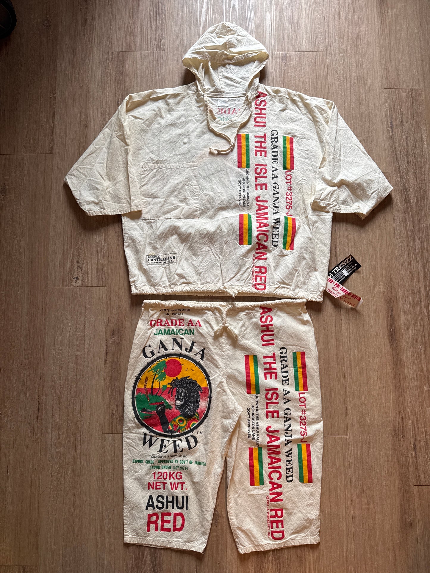 Vintage 1991 La Trenzz Jamaican Ganja Weed Ashui Red Rasta Reggie Hooded Shirt & Shorts Set
