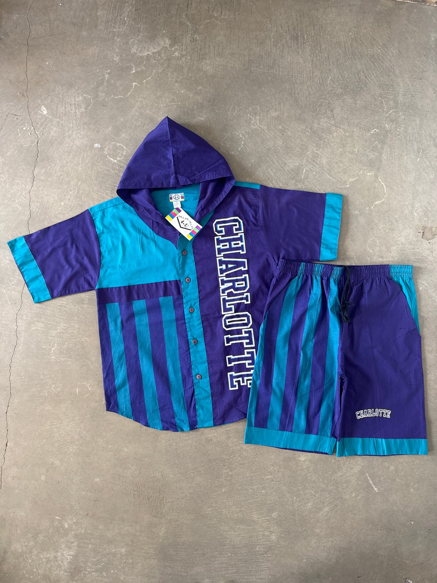 Vintage 90s Charlotte Hornets Hooded Tee Shorts Set